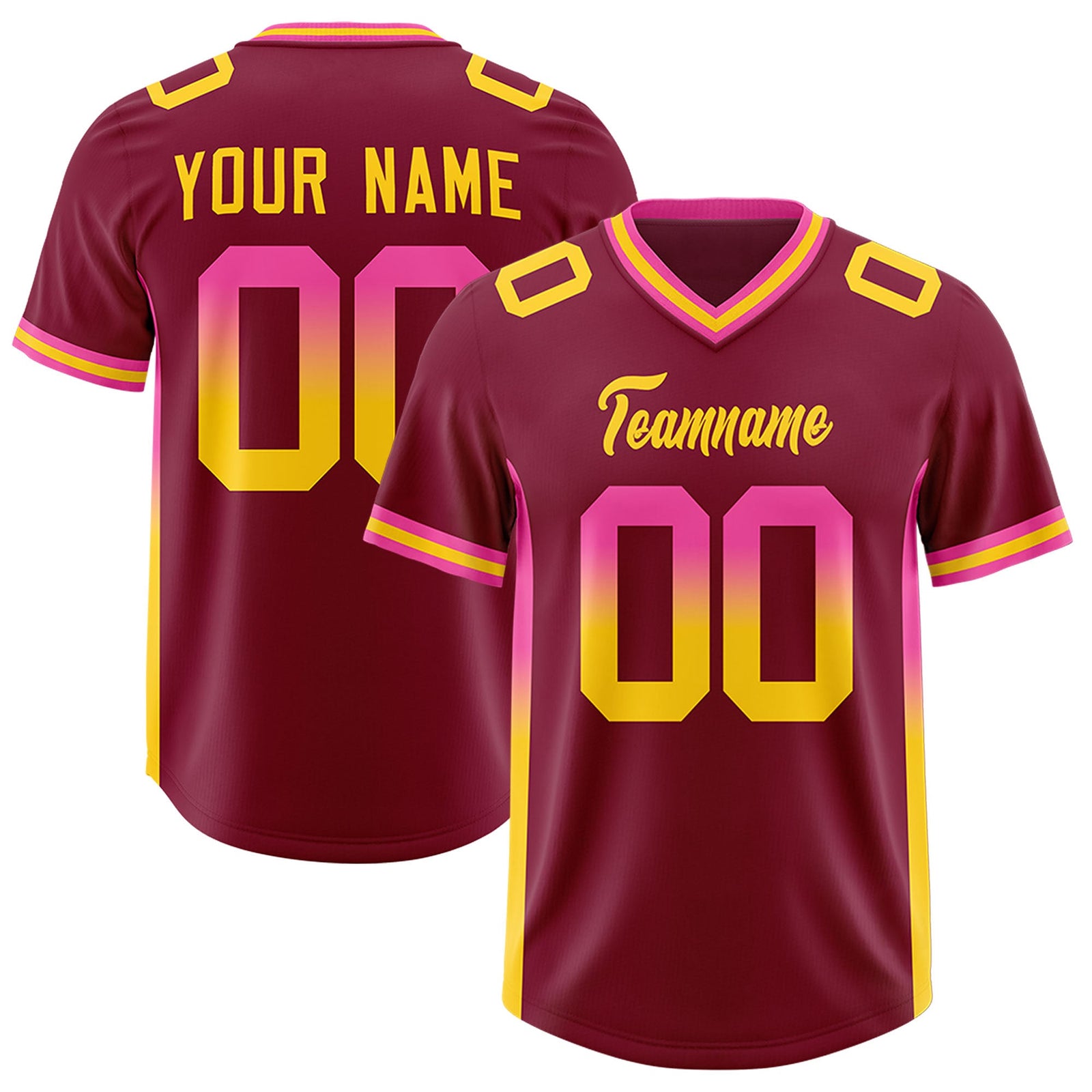 Custom Cardinal Pink and Gold Sides Gradient Fashion Personalized Team Football Jersey