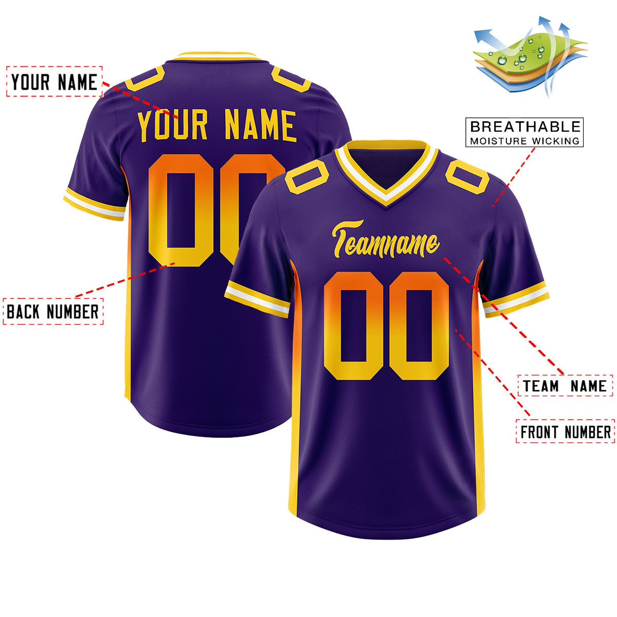 Custom Purple Orange and Gold Sides Gradient Fashion Personalized Team Football Jersey