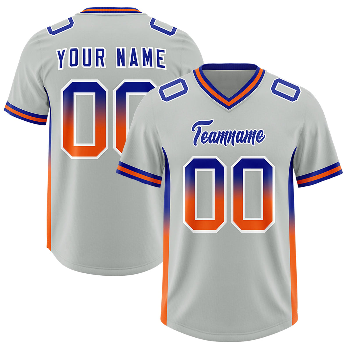 Custom Gray Royal and Orange Sides Gradient Fashion Personalized Team Football Jersey