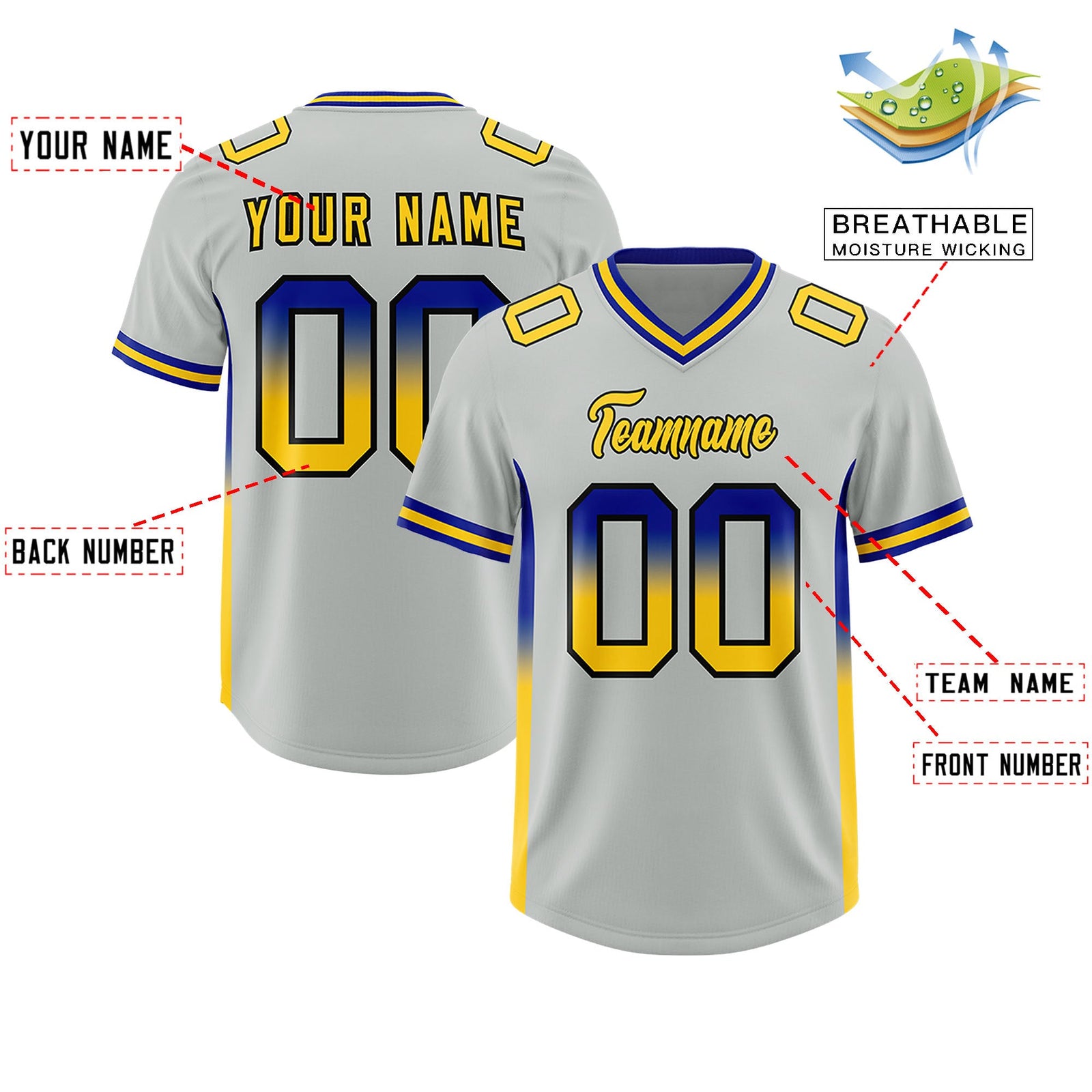 Custom Gray Royal and Gold Sides Gradient Fashion Personalized Team Football Jersey