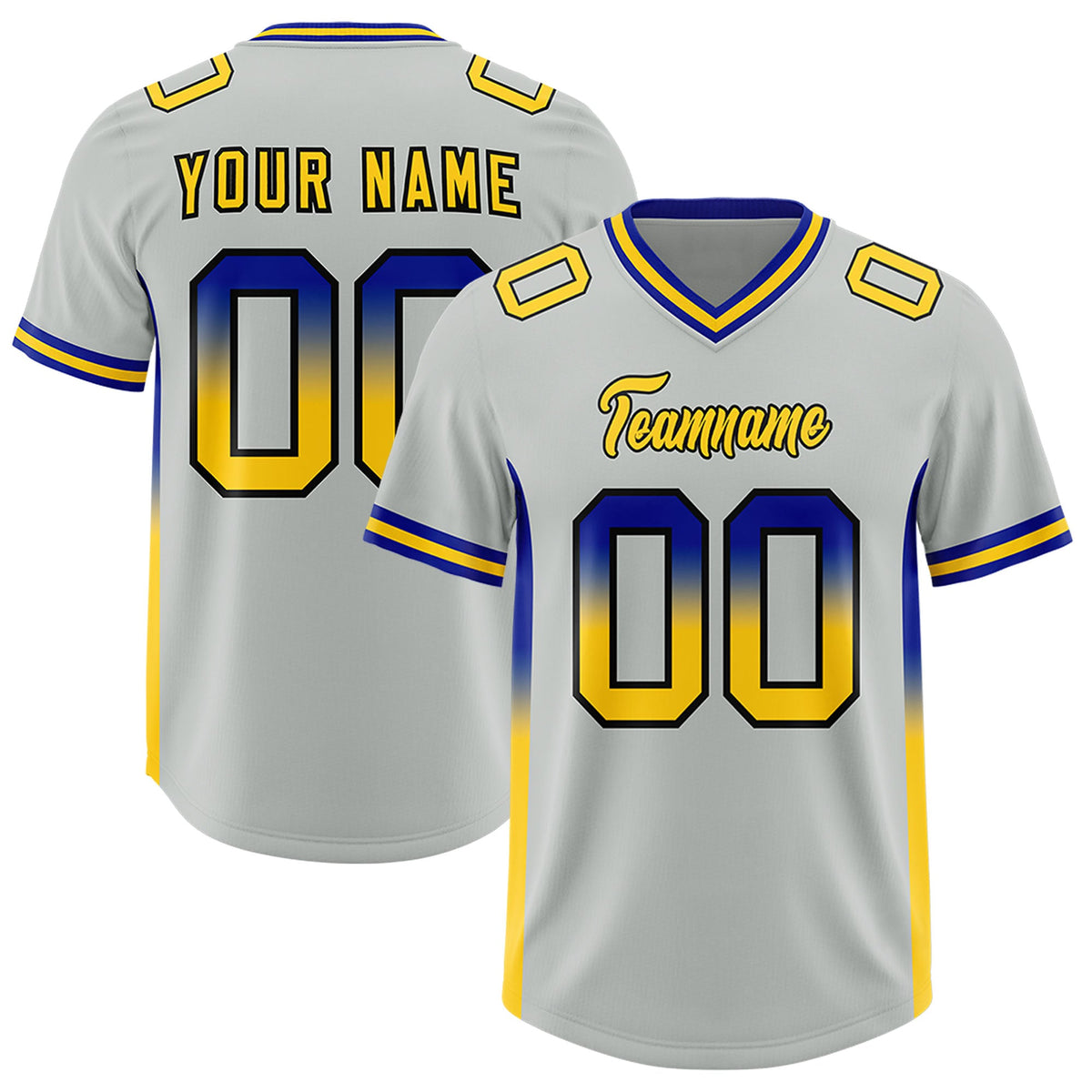 Custom Gray Royal and Gold Sides Gradient Fashion Personalized Team Football Jersey