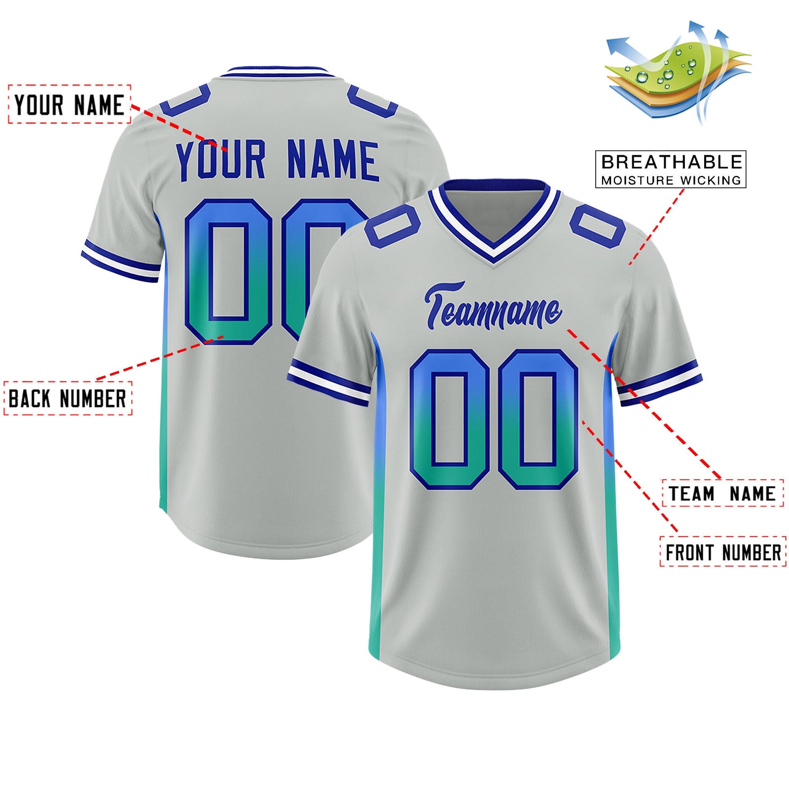 Custom Gray Powder Blue and Bright Green Sides Gradient Fashion Personalized Team Football Jersey