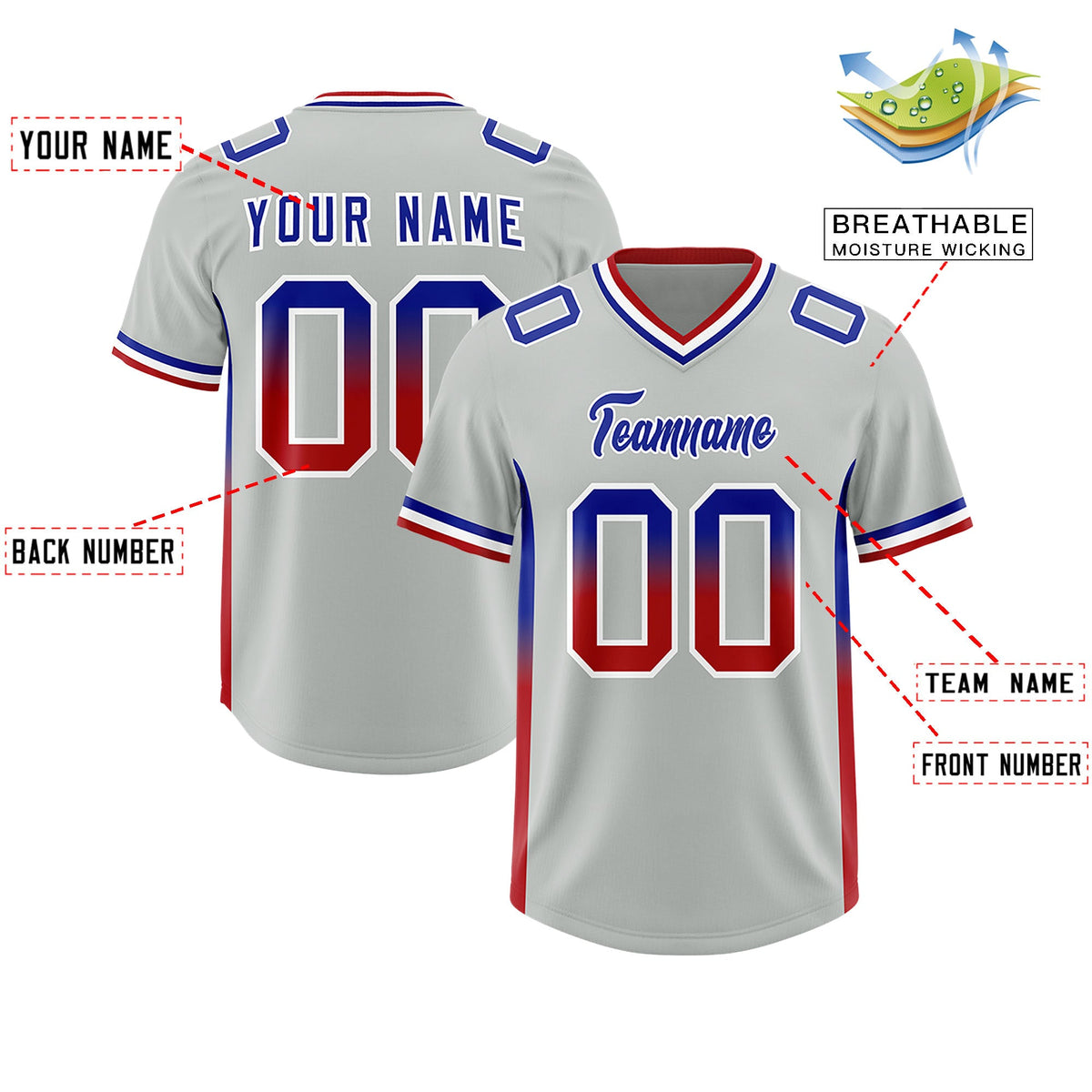 Custom Gray Royal and Red Sides Gradient Fashion Personalized Team Football Jersey