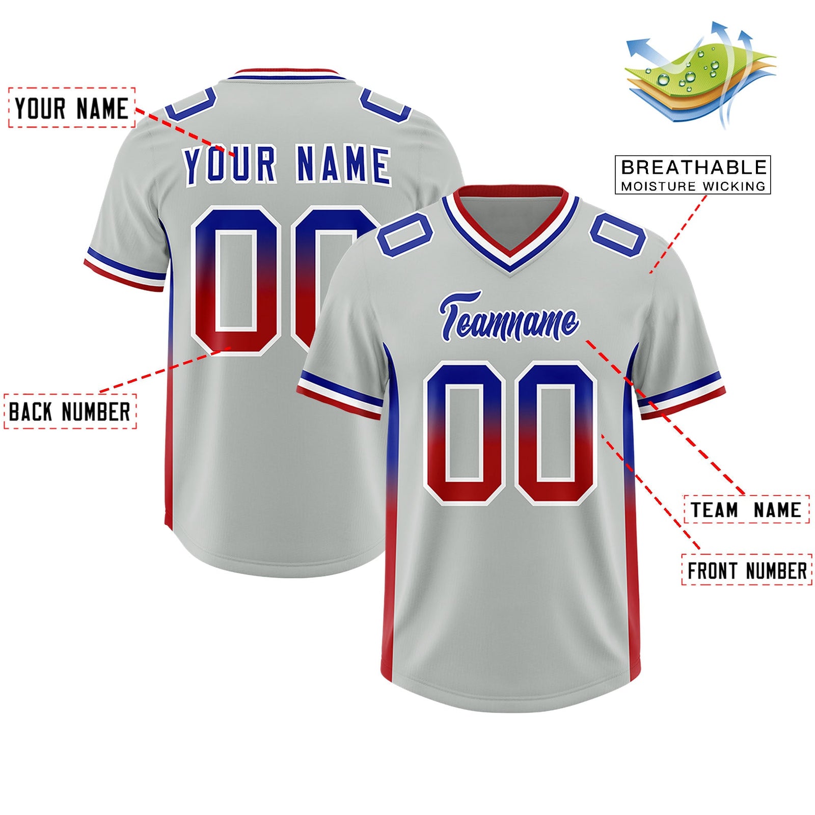 Custom Gray Royal and Red Sides Gradient Fashion Personalized Team Football Jersey