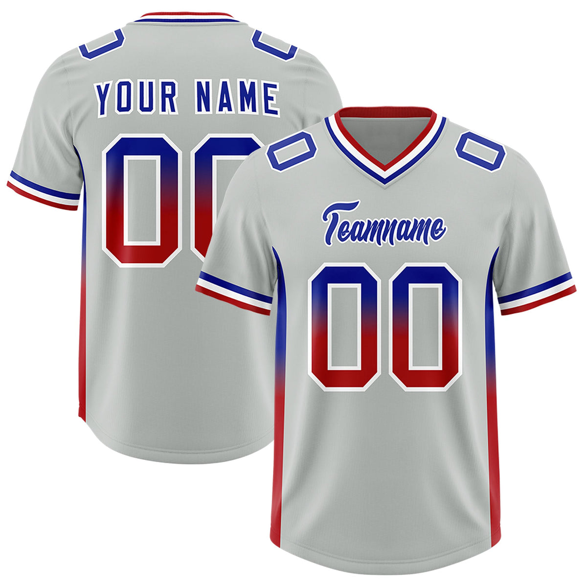 Custom Gray Royal and Red Sides Gradient Fashion Personalized Team Football Jersey