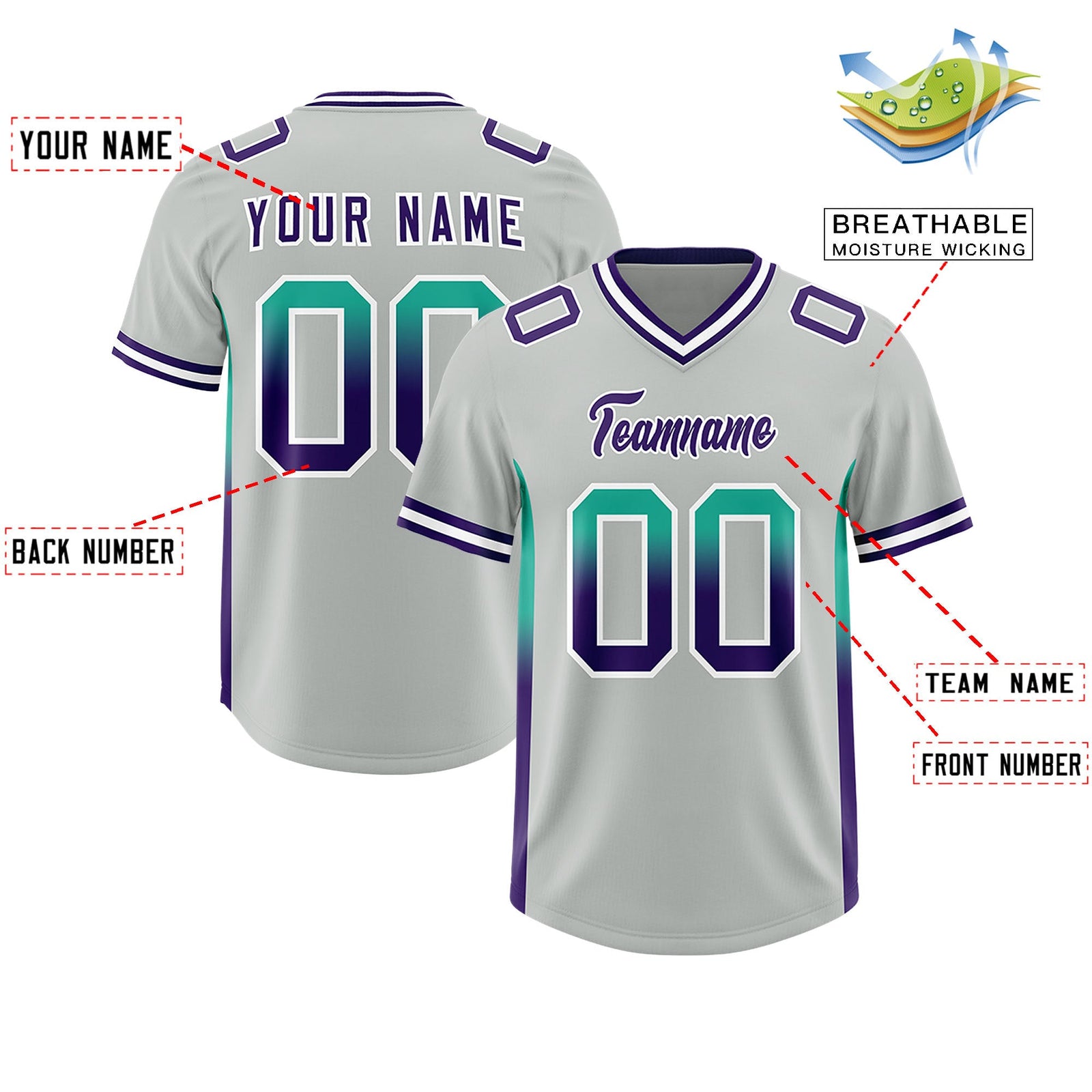 Custom Gray Bright Green and Purple Sides Gradient Fashion Personalized Team Football Jersey