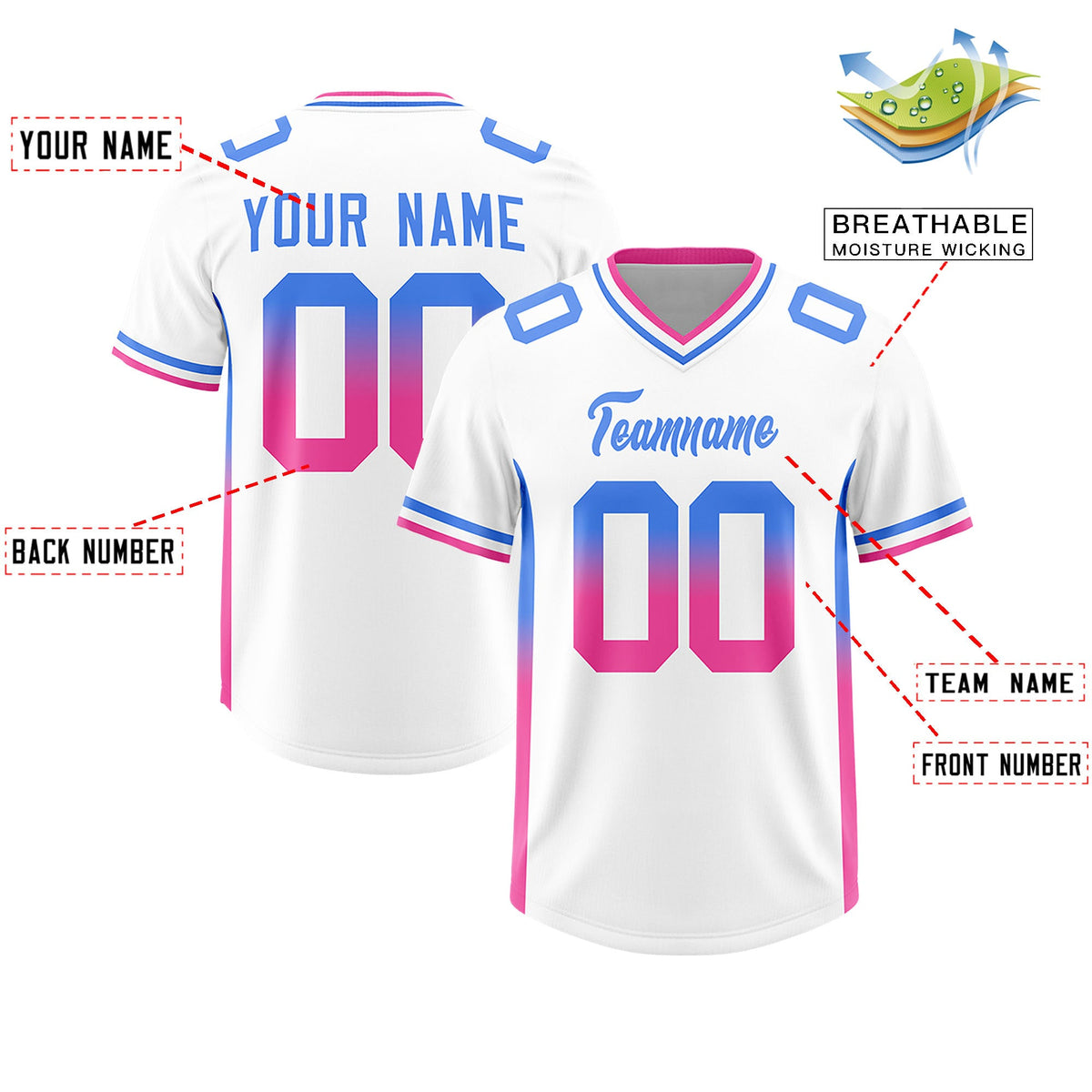 Custom White Powder Blue and Pink Sides Gradient Fashion Personalized Team Football Jersey