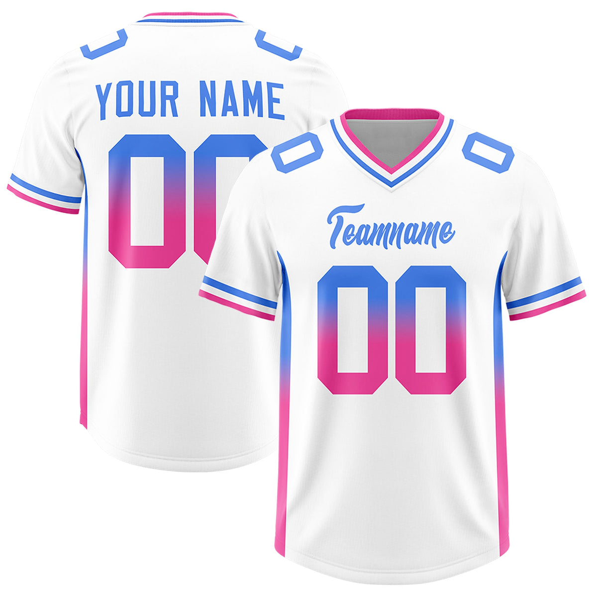 Custom White Powder Blue and Pink Sides Gradient Fashion Personalized Team Football Jersey