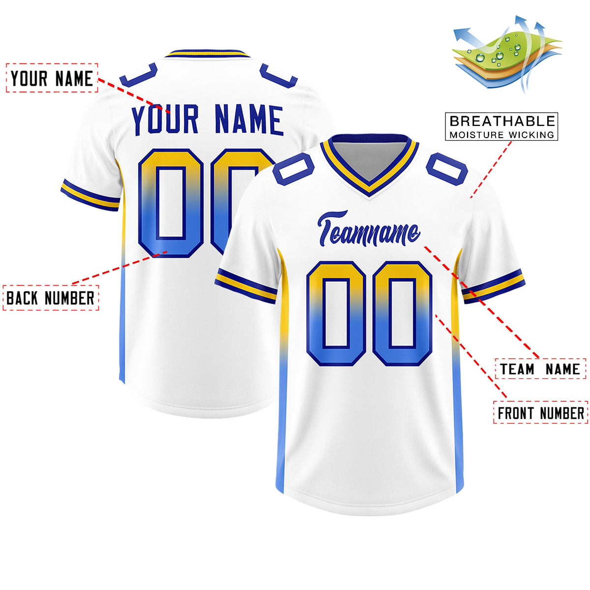 Custom White Gold Sides Gradient Fashion Personalized Team Football Jersey