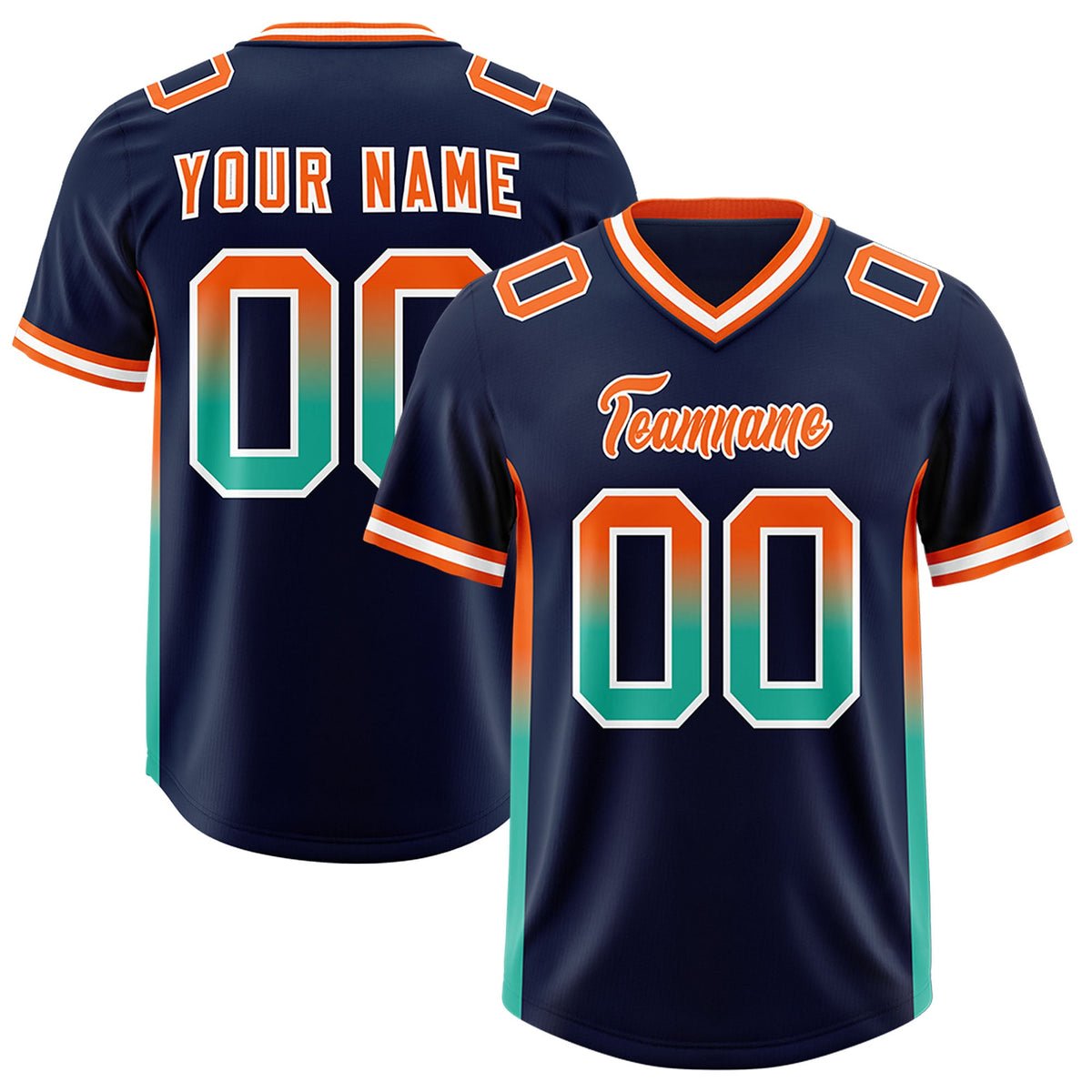 Custom Navy Orange and Bright Green Sides Gradient Fashion Personalized Team Football Jersey