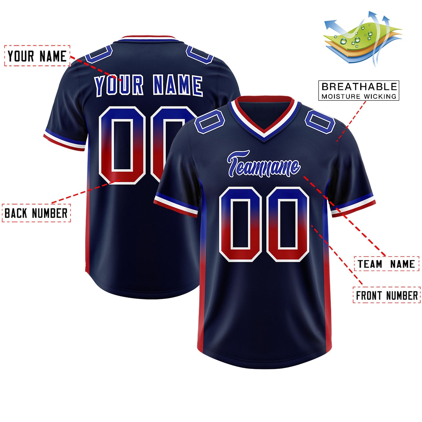 Custom Navy Royal and Red Sides Gradient Fashion Personalized Team Football Jersey