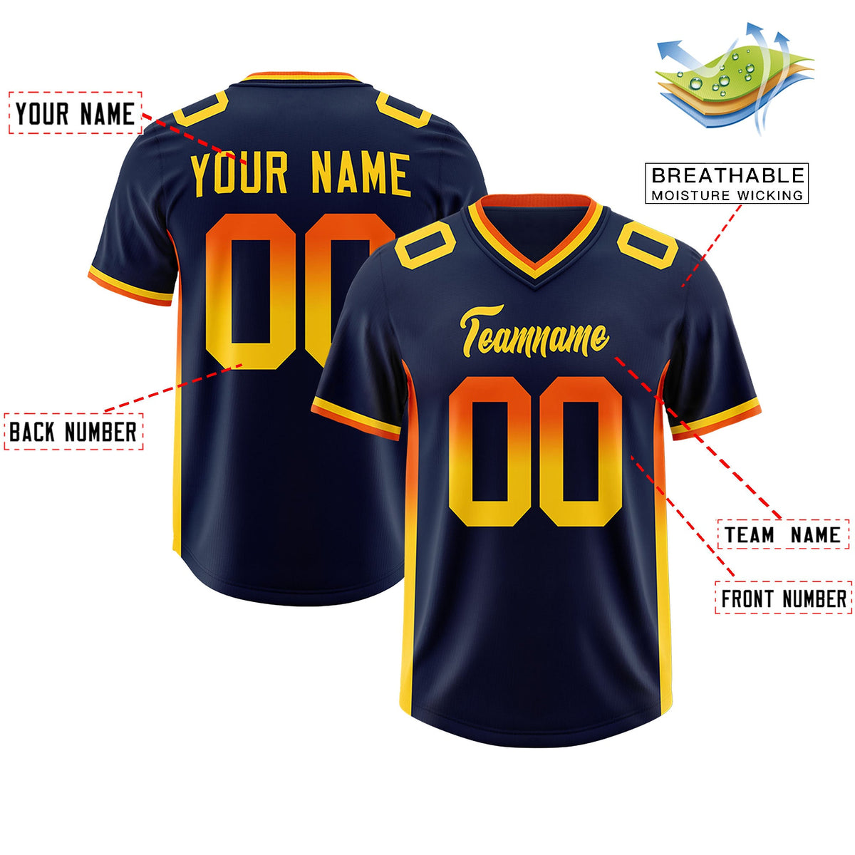 Custom Navy Orange and Gold Sides Gradient Fashion Personalized Team Football Jersey