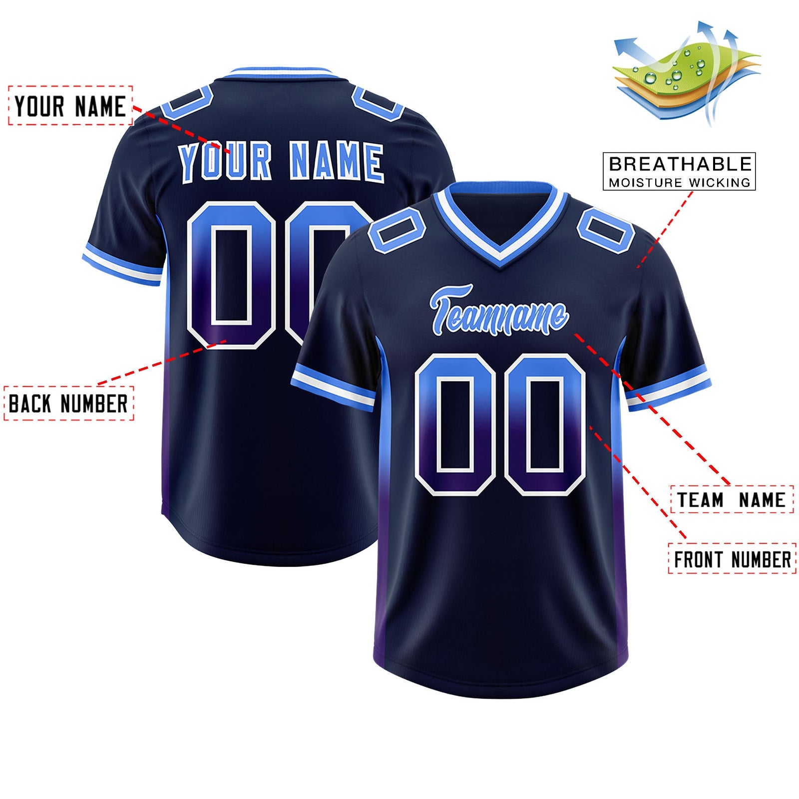 Custom Navy Powder Blue and Purple Sides Gradient Fashion Personalized Team Football Jersey