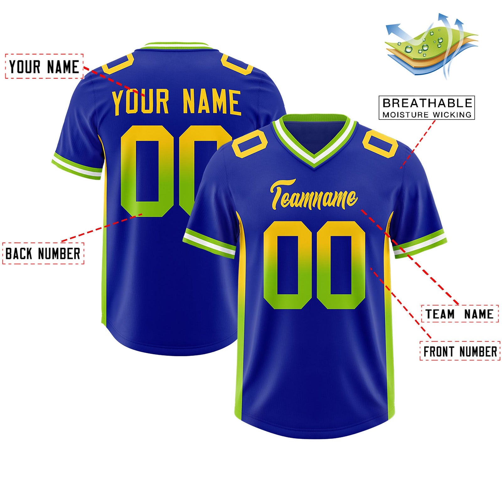 Custom Royal Gold Sides Gradient Fashion Personalized Team Football Jersey