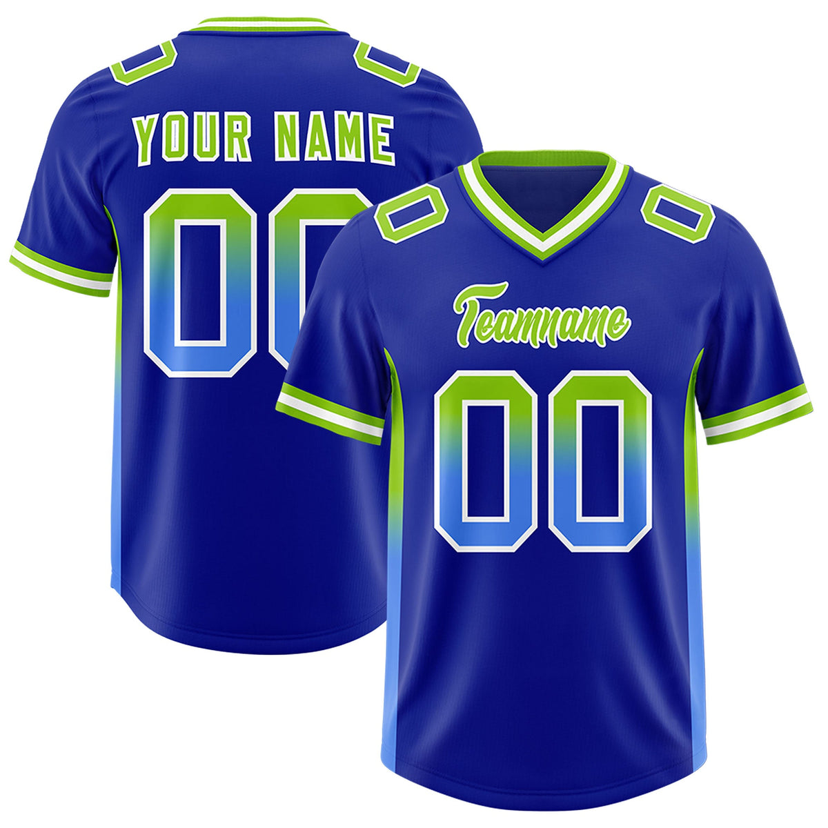 Custom Royal Neon Green and Powder Blue Sides Gradient Fashion Personalized Team Football Jersey