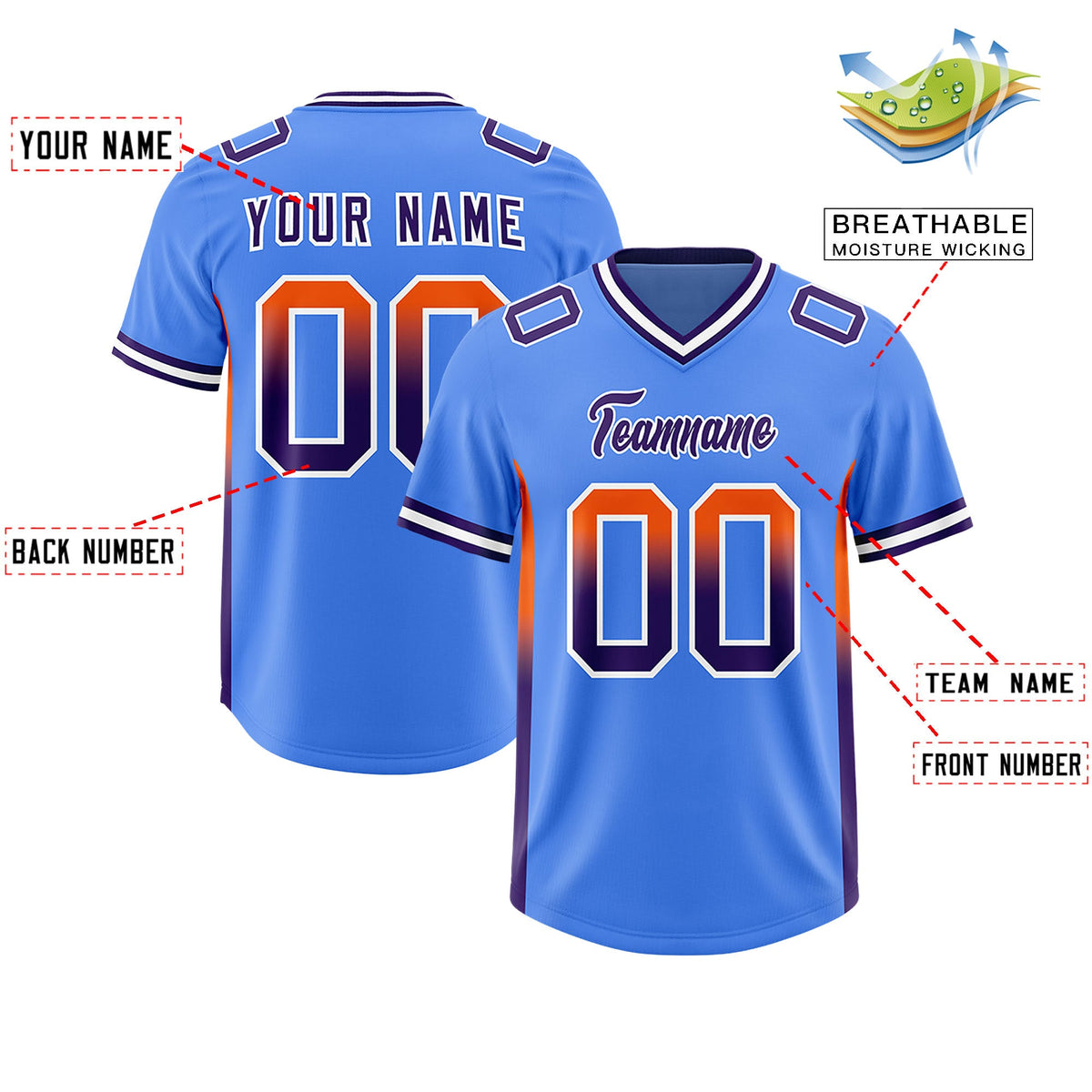 Custom Powder Blue Orange and Purple Sides Gradient Fashion Personalized Team Football Jersey