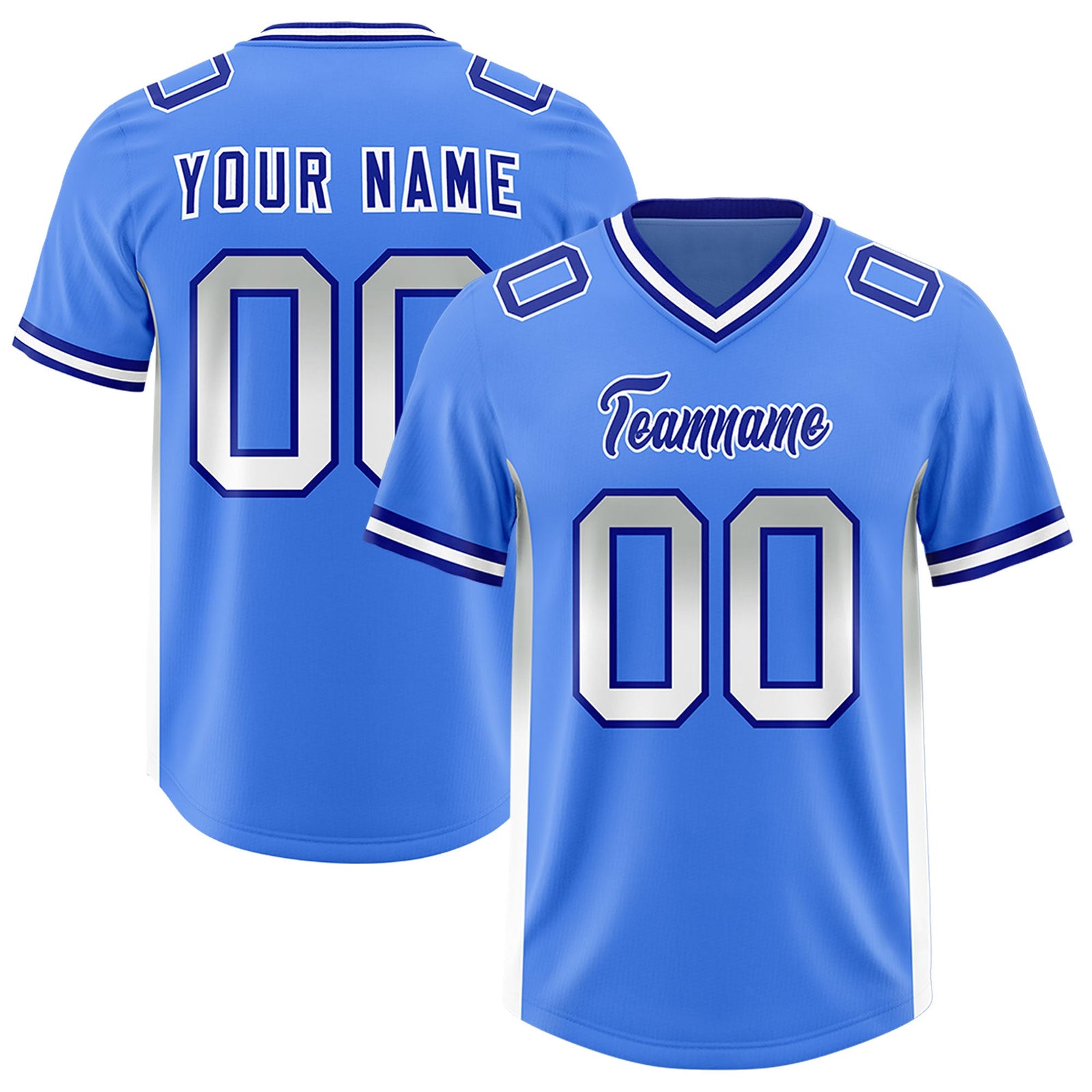 Custom Powder Blue Gray and White Sides Gradient Fashion Personalized Team Football Jersey
