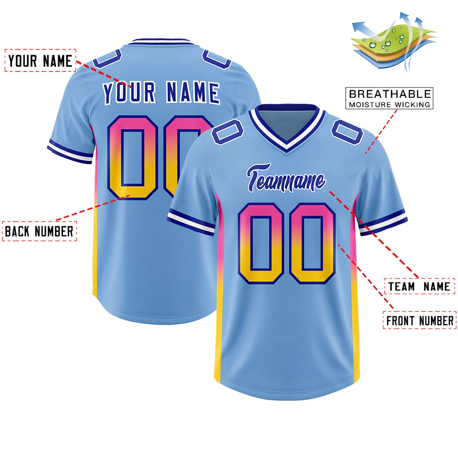 Custom Powder Blue Pink and Gold Sides Gradient Fashion Personalized Team Football Jersey