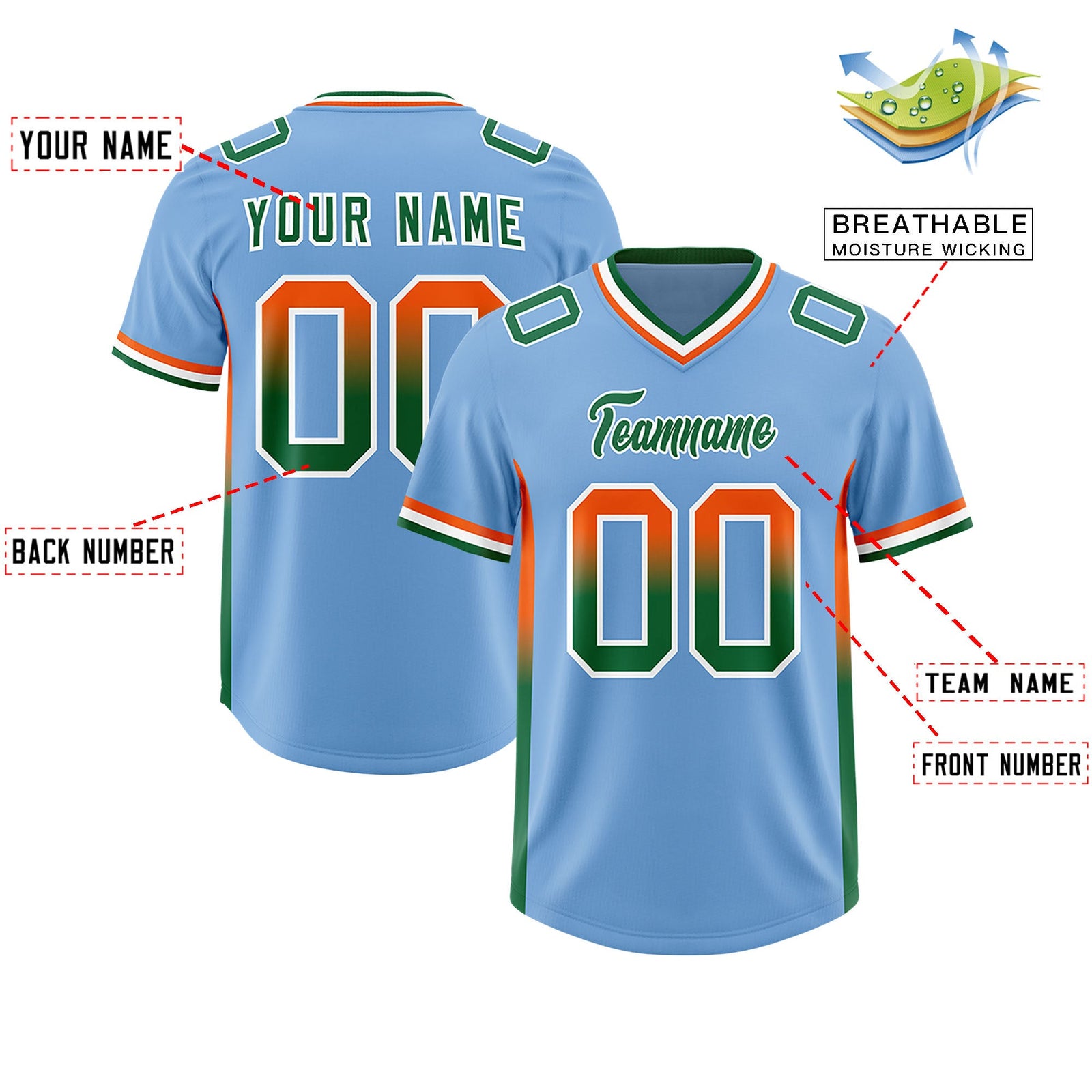 Custom Powder Blue Orange and Kelly Green Sides Gradient Fashion Personalized Team Football Jersey