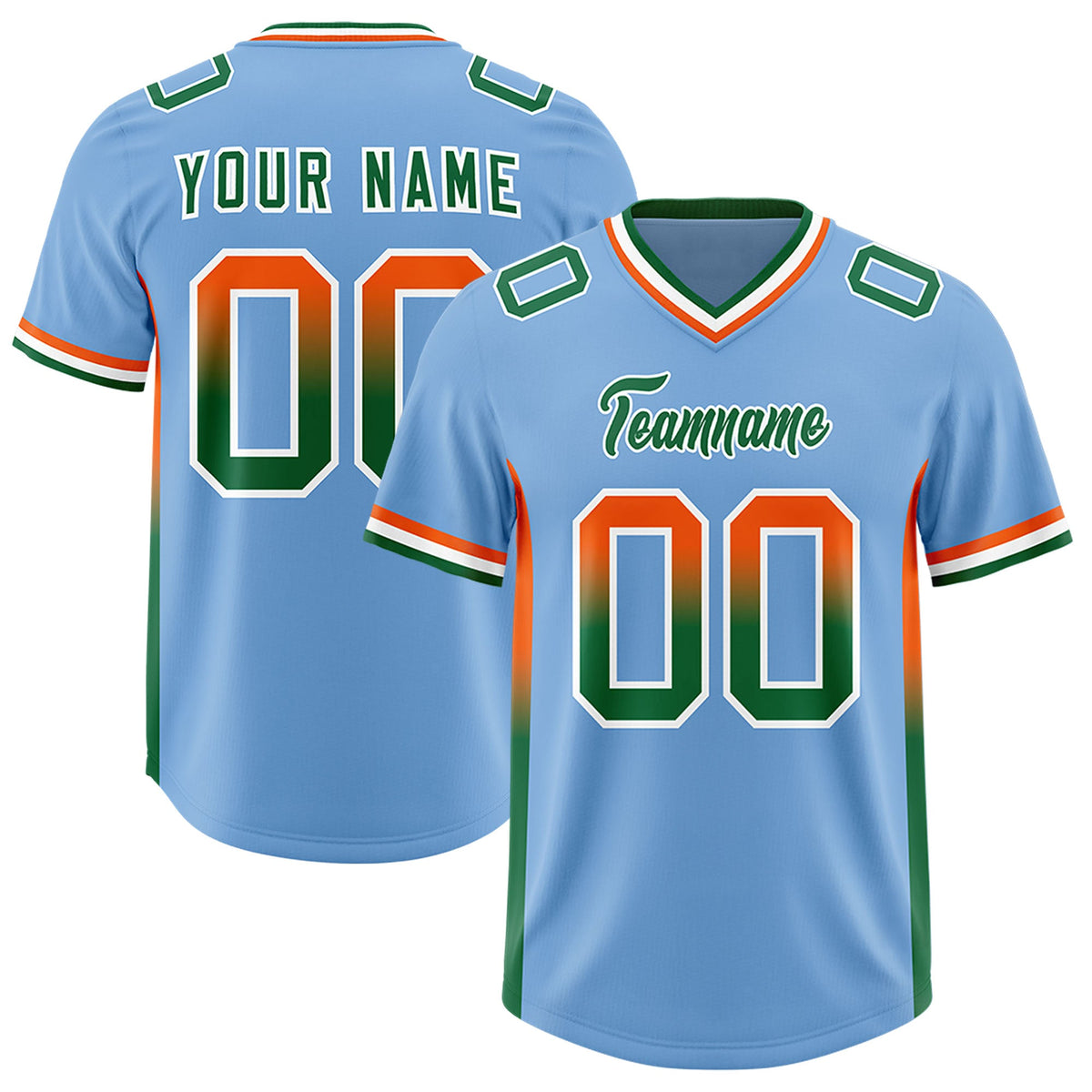 Custom Powder Blue Orange and Kelly Green Sides Gradient Fashion Personalized Team Football Jersey