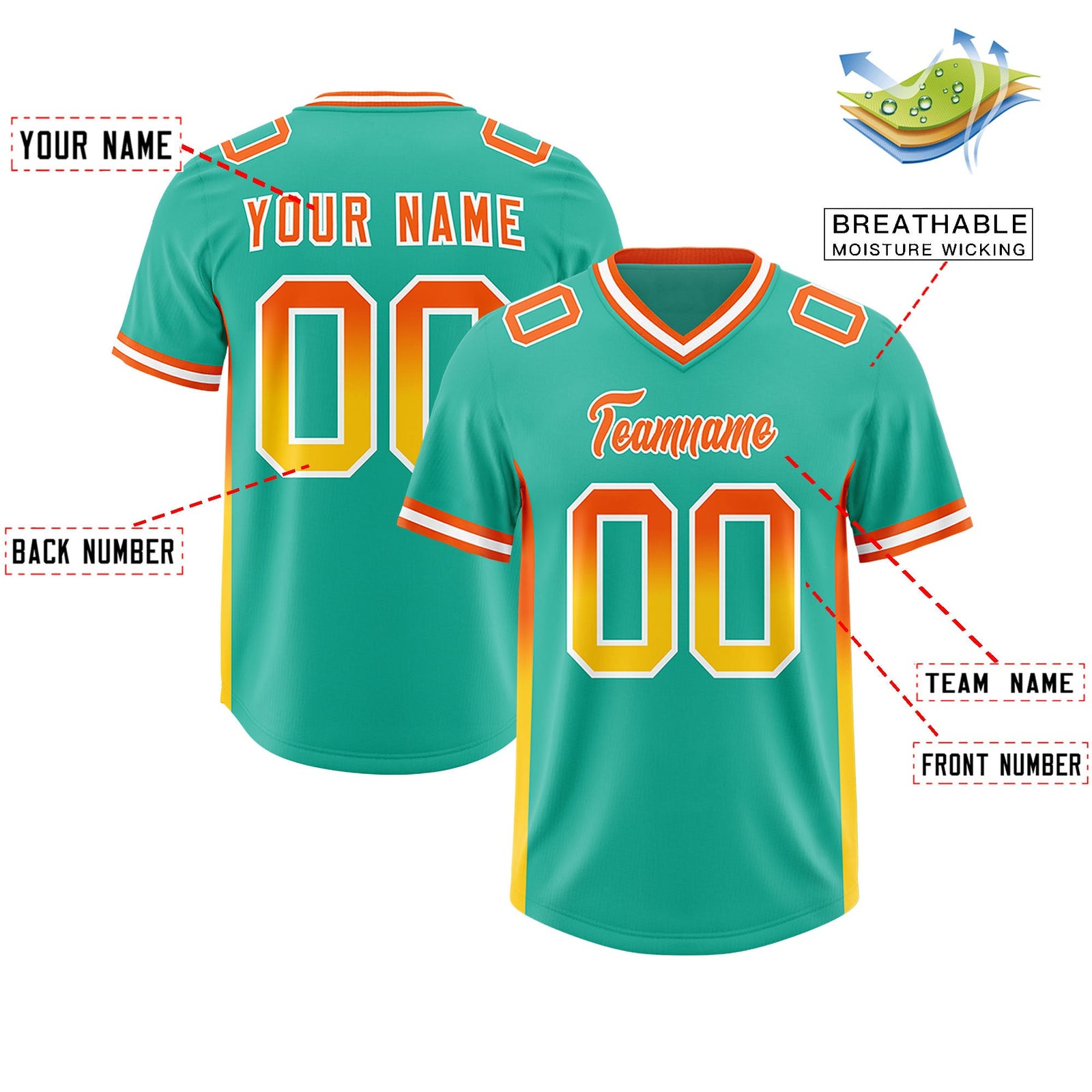 Custom Bright Green Orange and Gold Sides Gradient Fashion Personalized Team Football Jersey