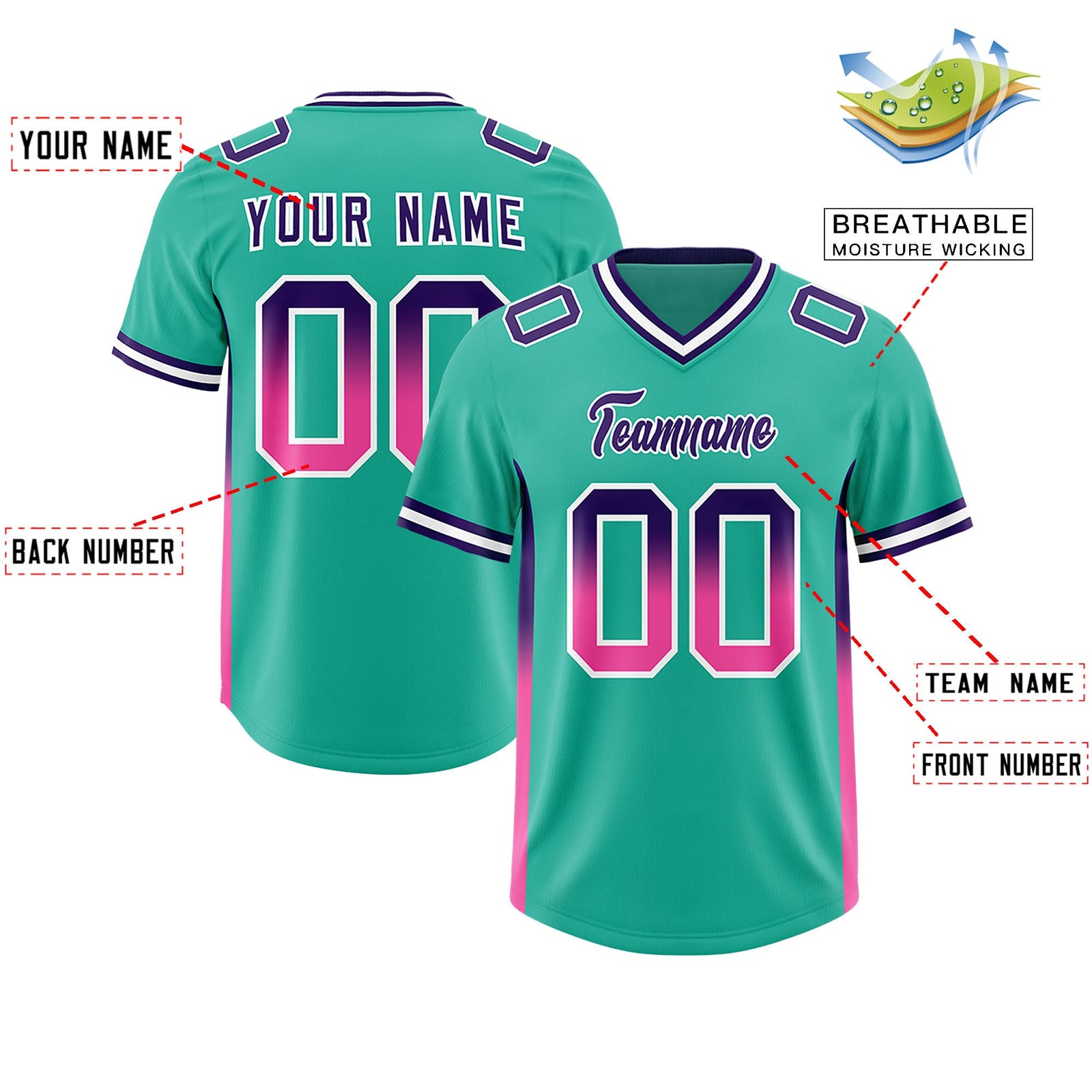 Custom Bright Green Purple and Pink Sides Gradient Fashion Personalized Team Football Jersey