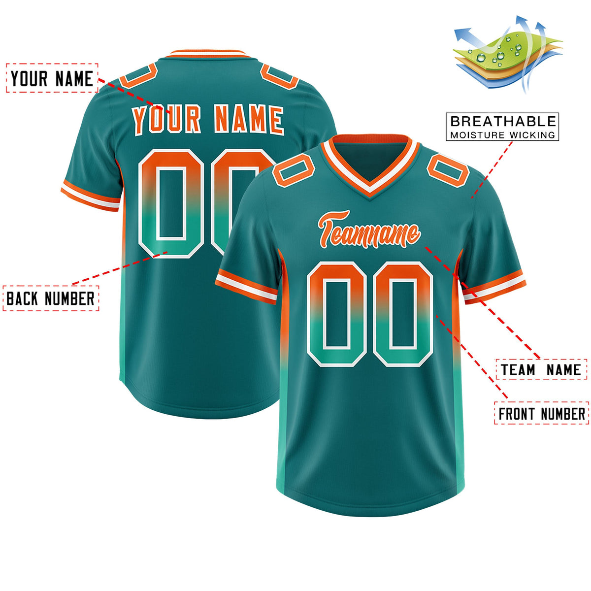 Custom Aqua Orange and Bright Green Sides Gradient Fashion Personalized Team Football Jersey