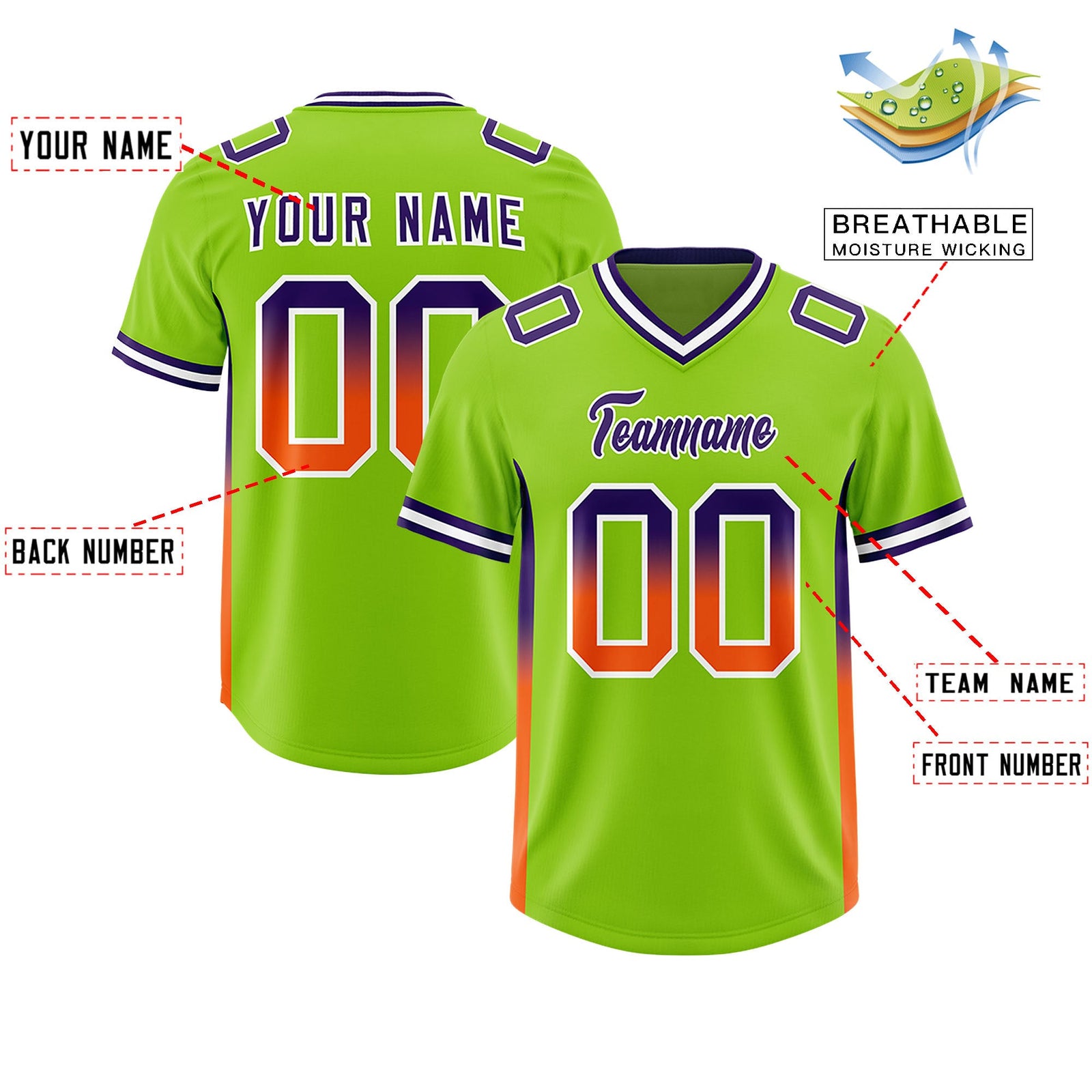 Custom Neon Green Purple and Orange Sides Gradient Fashion Personalized Team Football Jersey