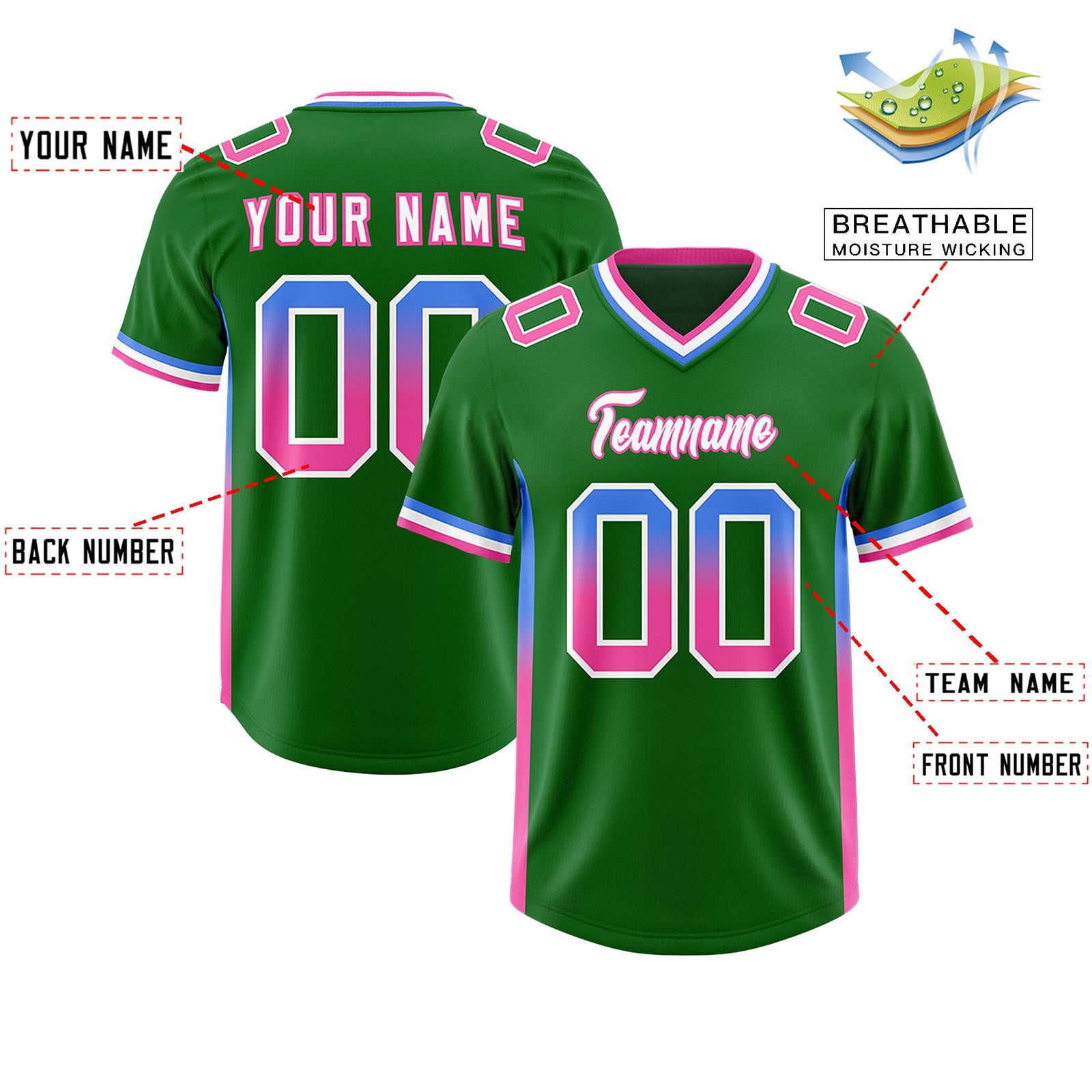 Custom Kelly Green Powder Blue and Pink Sides Gradient Fashion Personalized Team Football Jersey