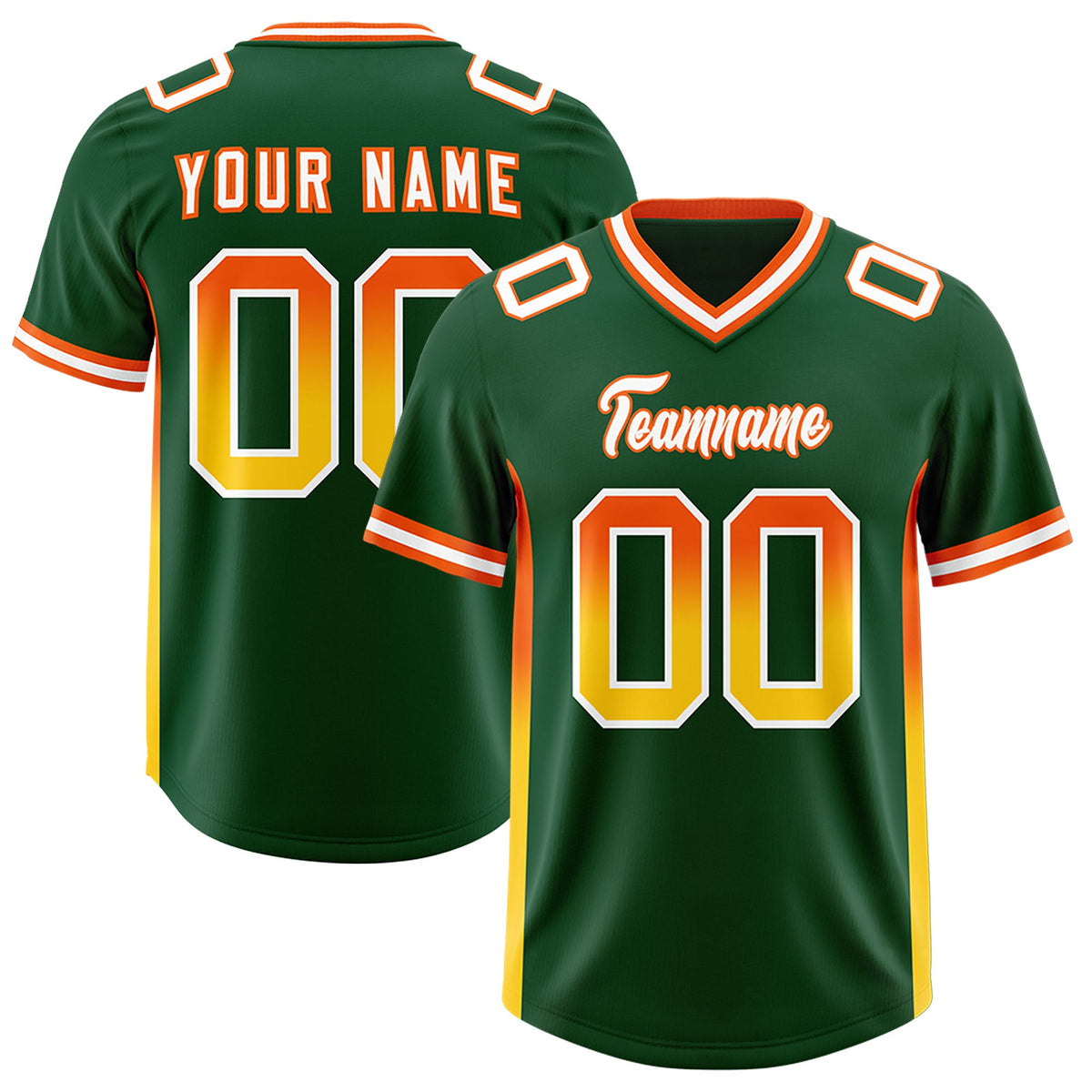 Custom Green Orange and Gold Sides Gradient Fashion Personalized Team Football Jersey