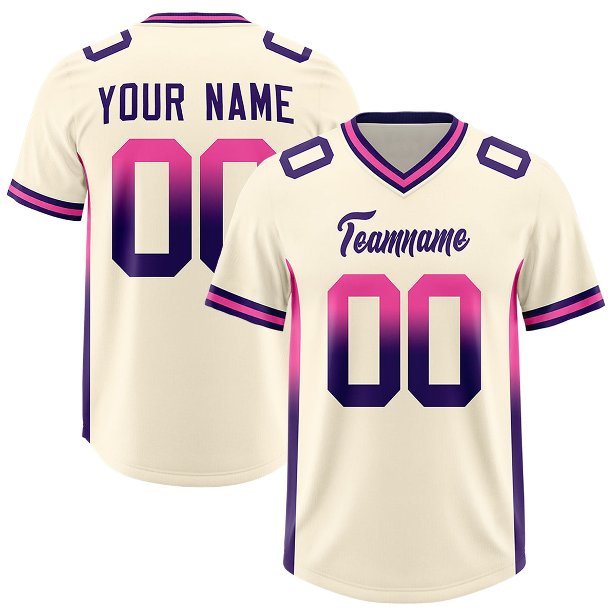 Custom Cream Pink and Purple Sides Gradient Fashion Personalized Team Football Jersey