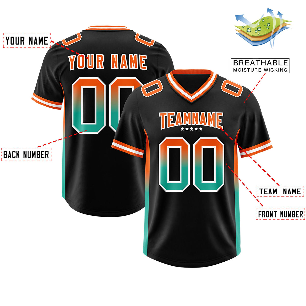 Custom Black Orange and Bright Green Sides Gradient Fashion Personalized Team Football Jersey