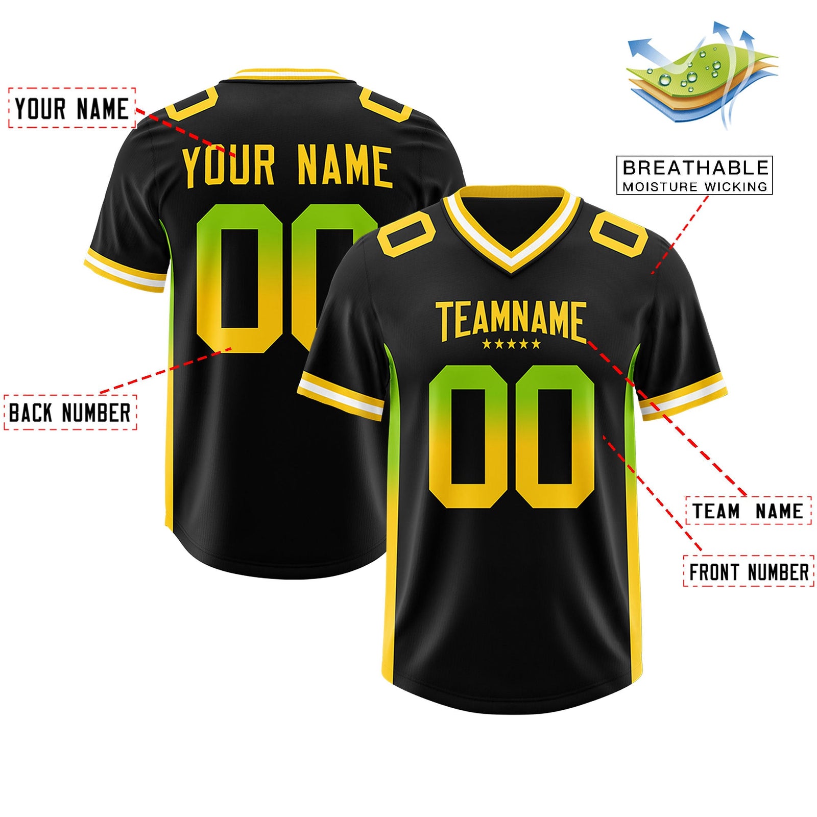 Custom Black Neon Green and Gold Sides Gradient Fashion Personalized Team Football Jersey
