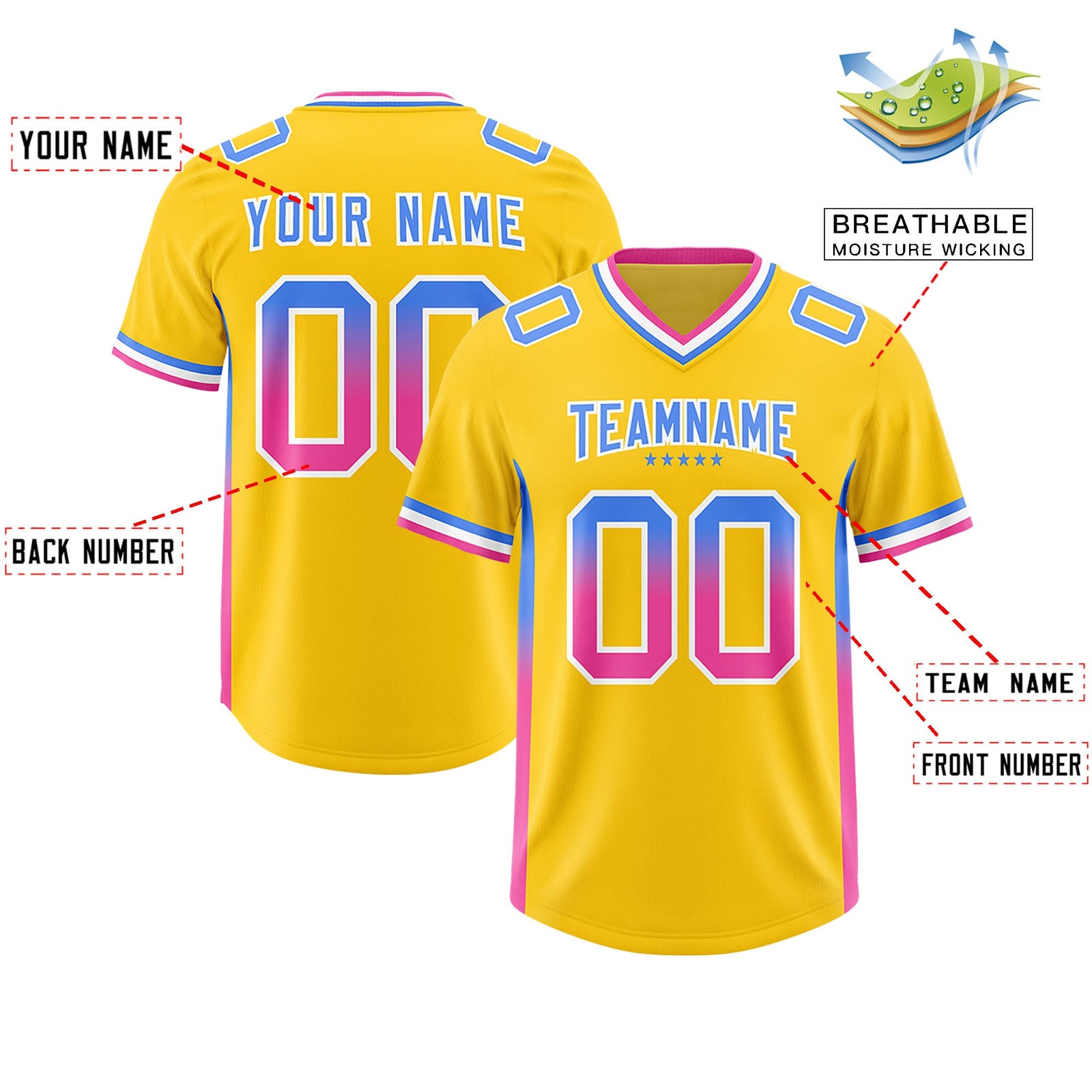 Custom Gold Powder Blue and Pink Sides Gradient Fashion Personalized Team Football Jersey