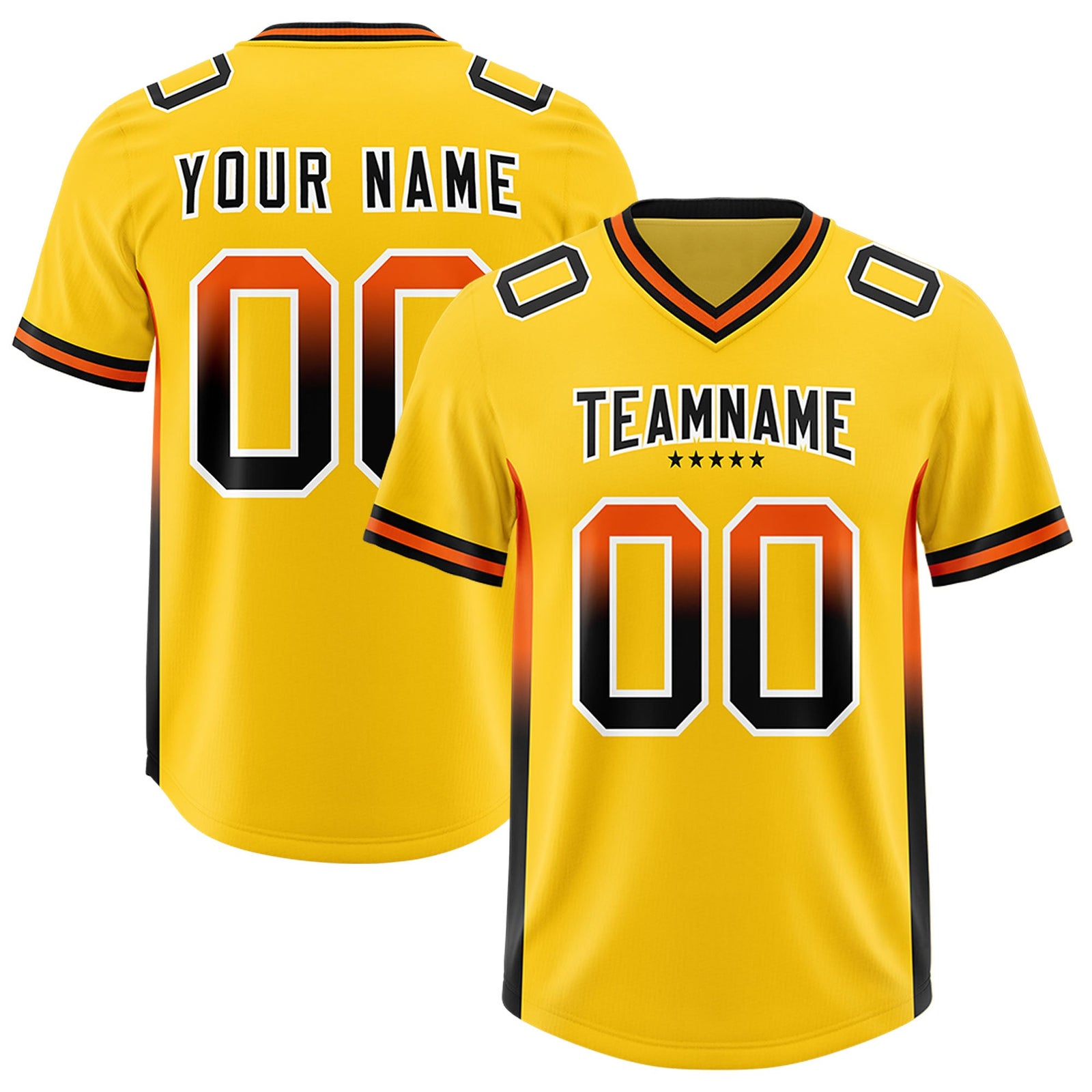 Custom Gold Orange and Black Sides Gradient Fashion Personalized Team Football Jersey