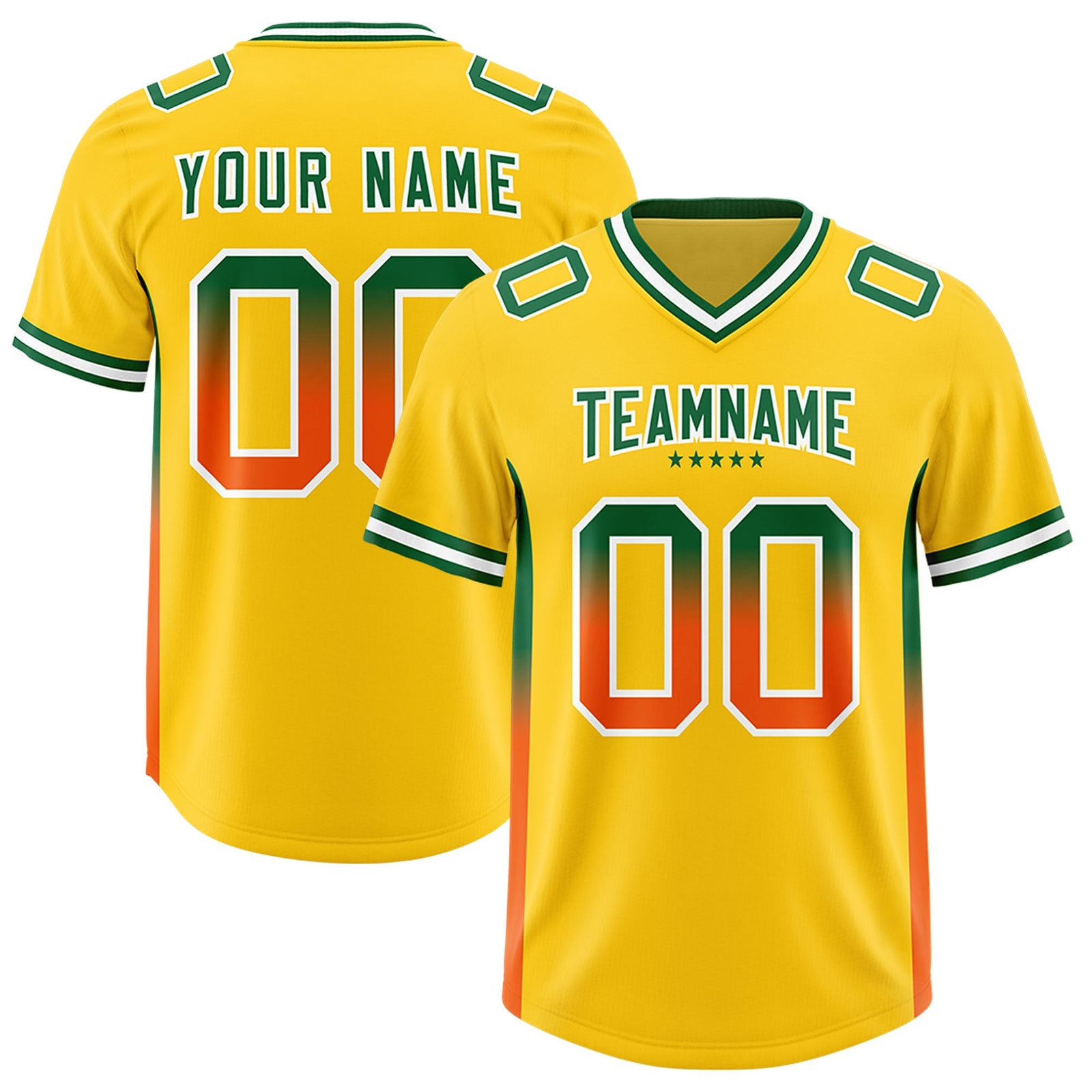 Custom Gold Kelly Green and Orange Sides Gradient Fashion Personalized Team Football Jersey