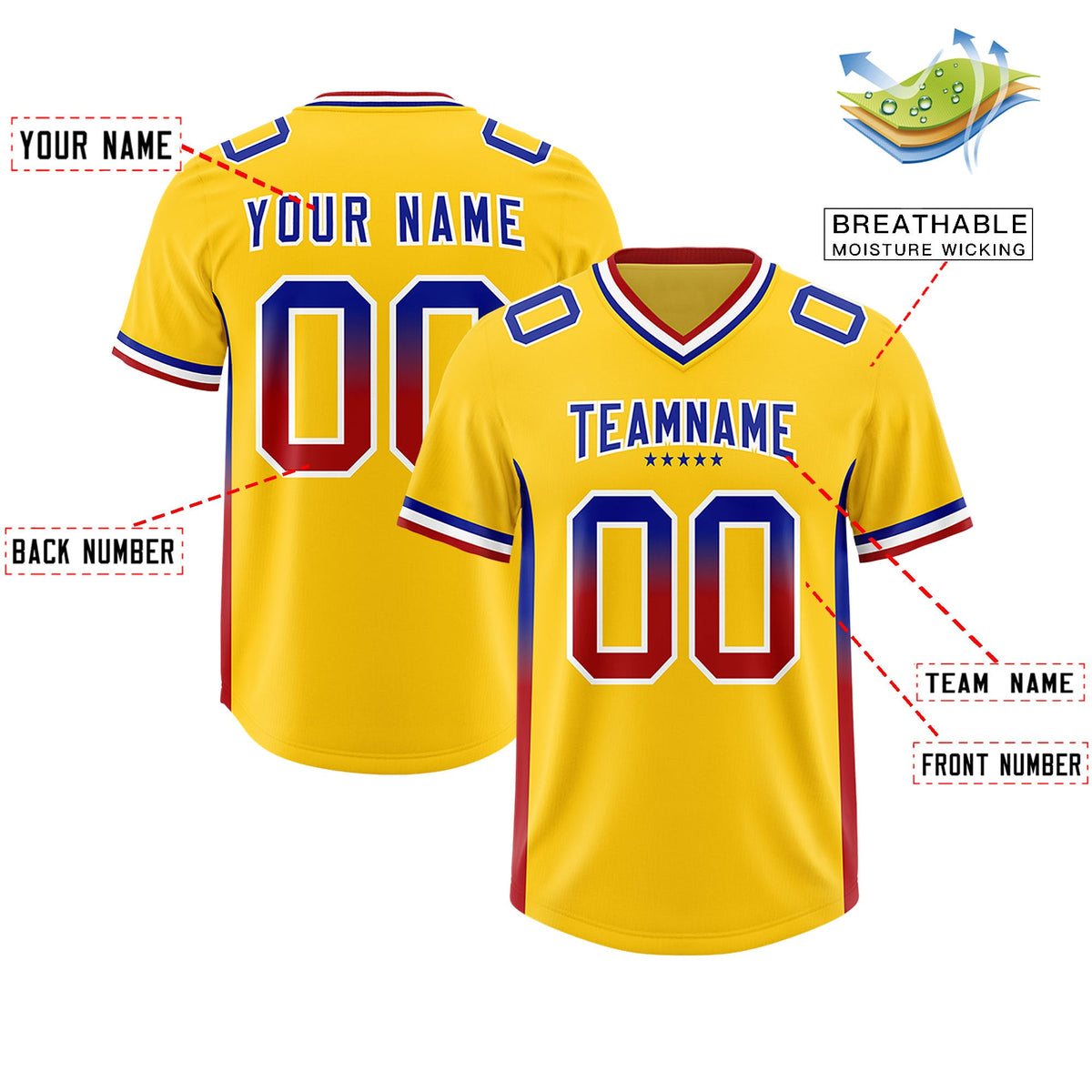 Custom Gold Royal and Red Sides Gradient Fashion Personalized Team Football Jersey