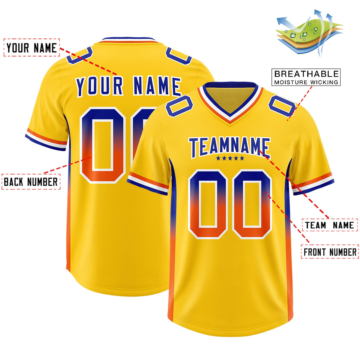 Custom Gold Royal and Orange Sides Gradient Fashion Personalized Team Football Jersey