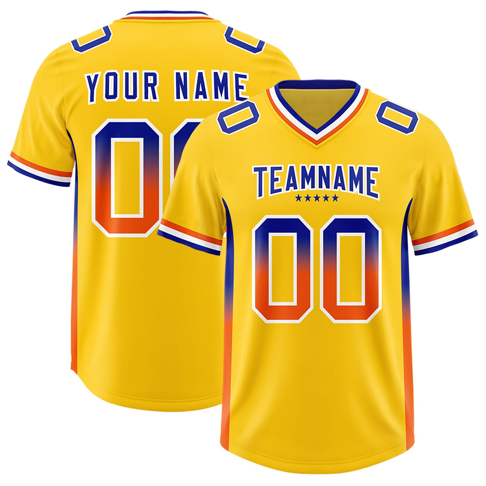 Custom Gold Royal and Orange Sides Gradient Fashion Personalized Team Football Jersey