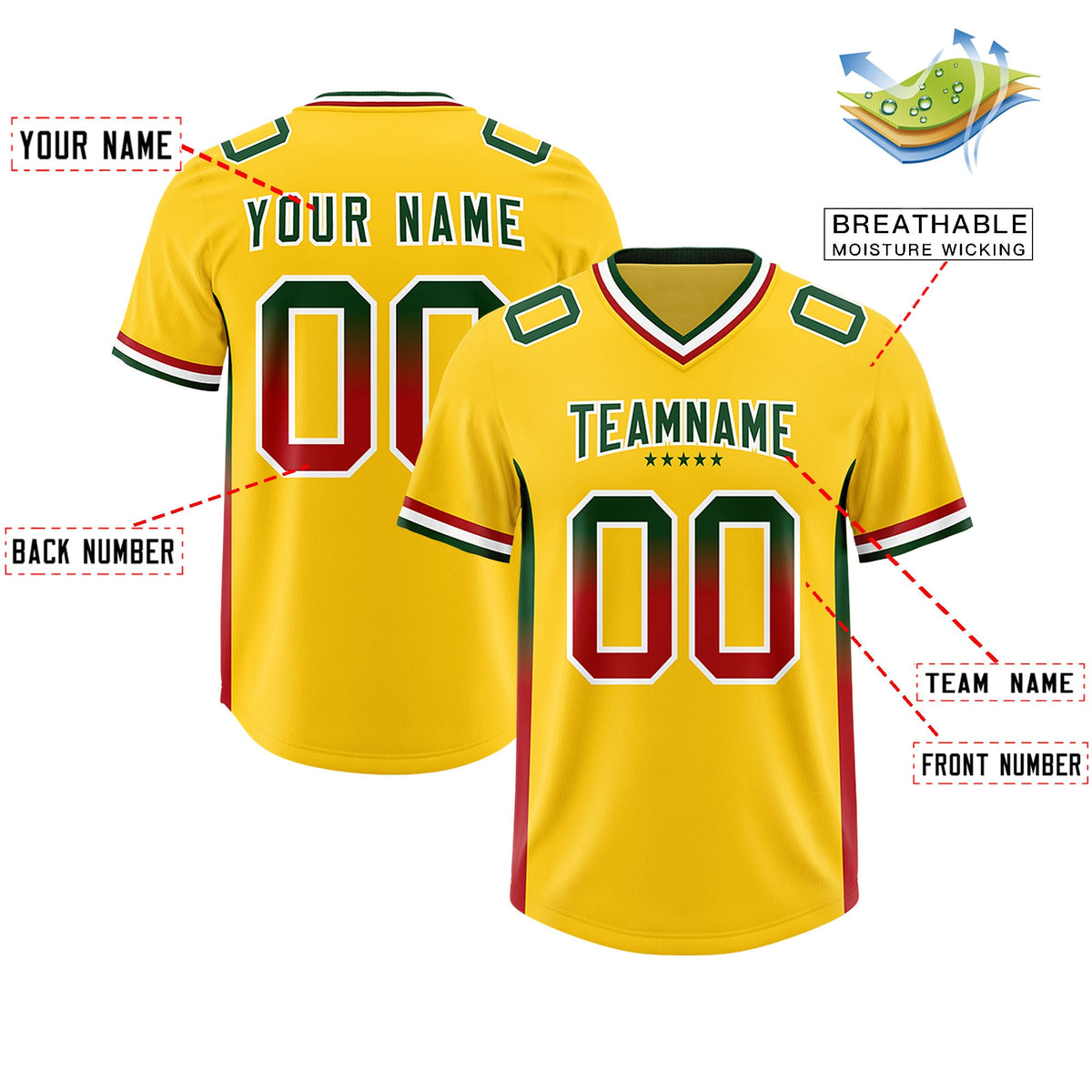 Custom Gold Green and Red Sides Gradient Fashion Personalized Team Football Jersey