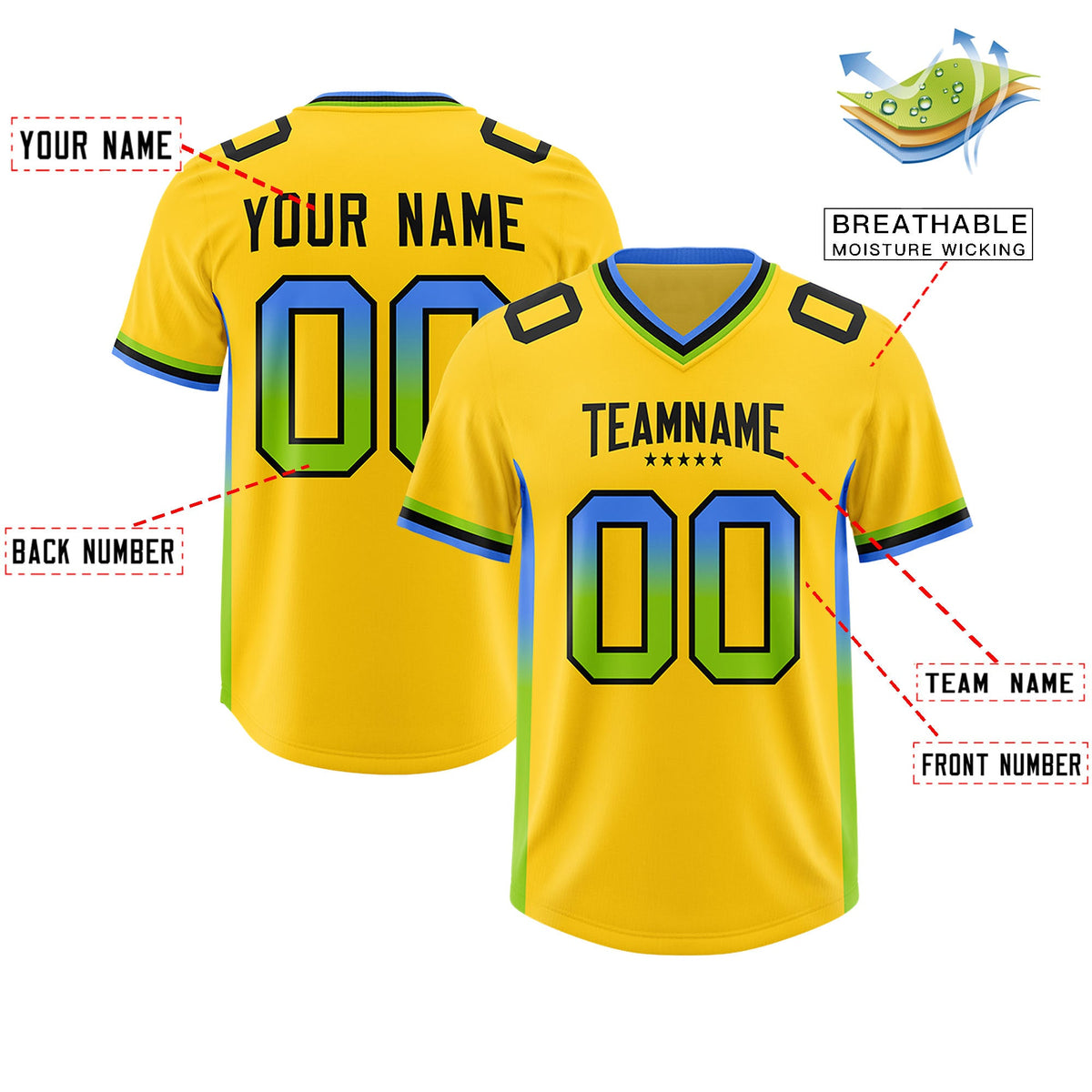 Custom Gold Powder Blue and Neon Green Sides Gradient Fashion Personalized Team Football Jersey