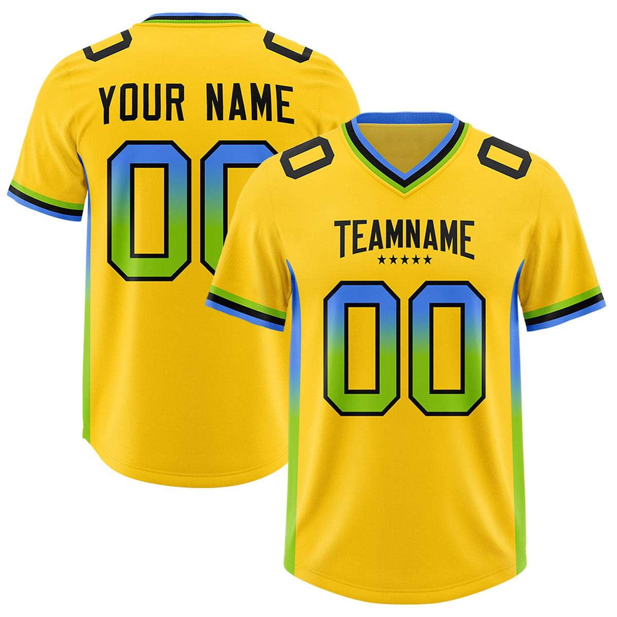 Custom Gold Powder Blue and Neon Green Sides Gradient Fashion Personalized Team Football Jersey