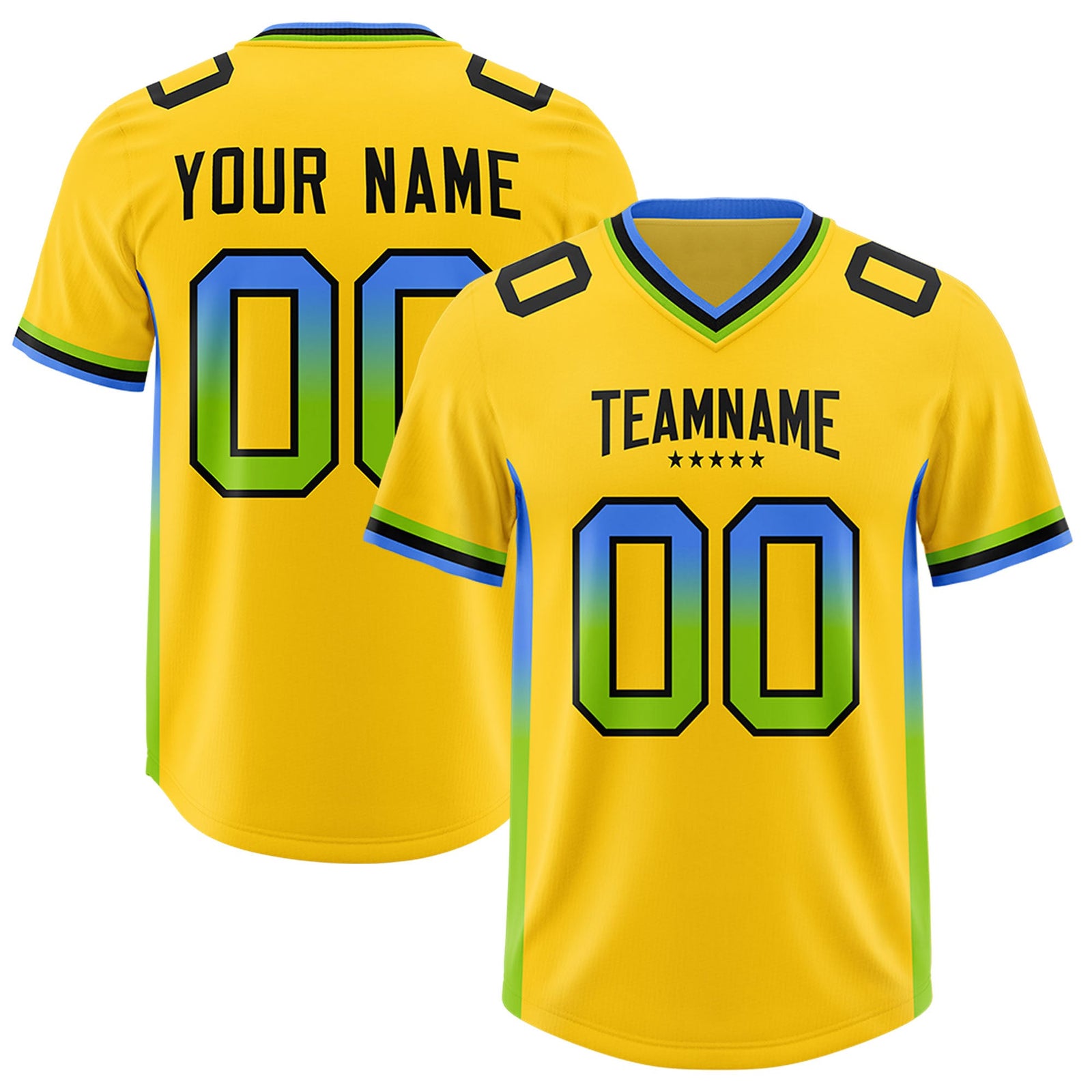Custom Gold Powder Blue and Neon Green Sides Gradient Fashion Personalized Team Football Jersey