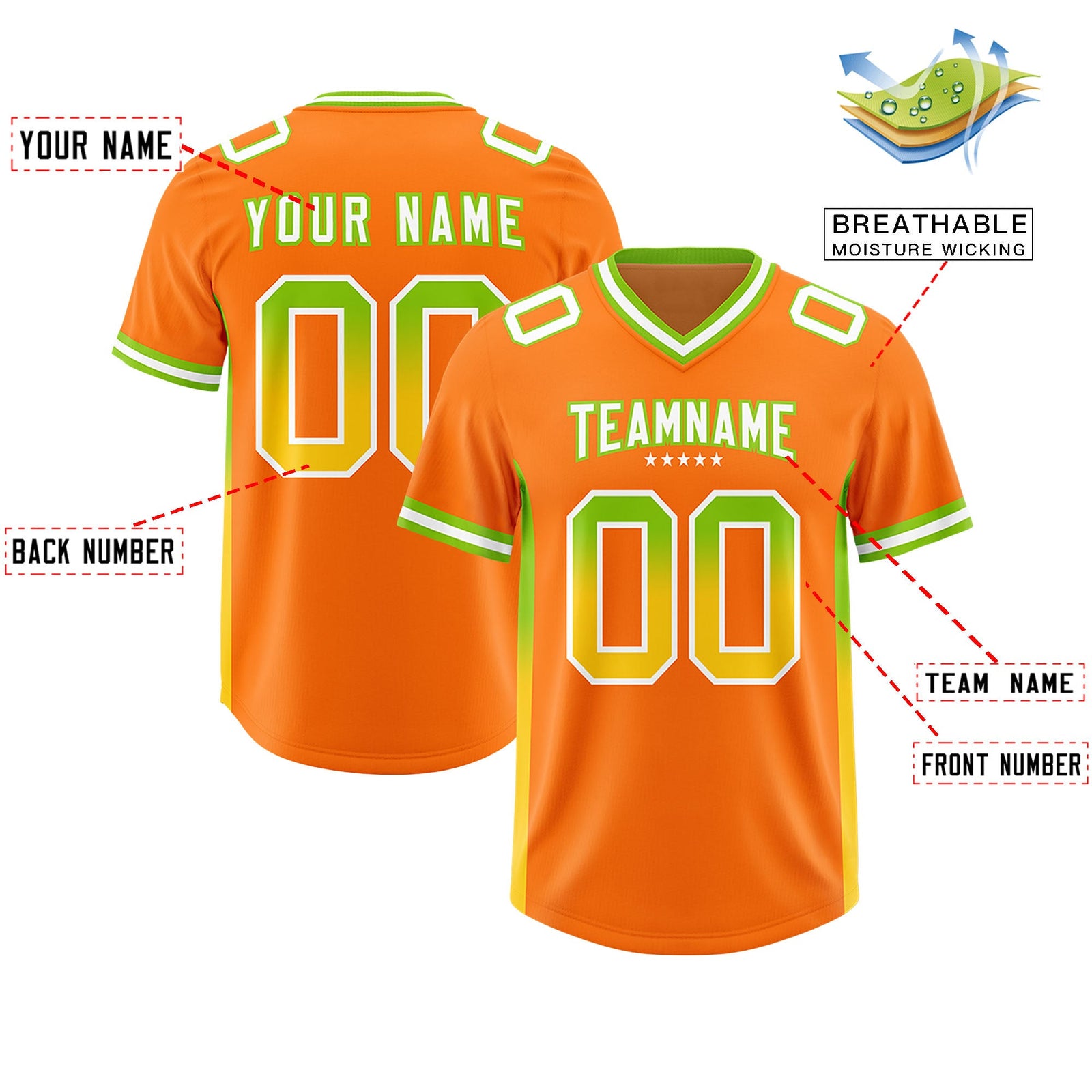 Custom Orange Neon Green and Gold Sides Gradient Fashion Personalized Team Football Jersey
