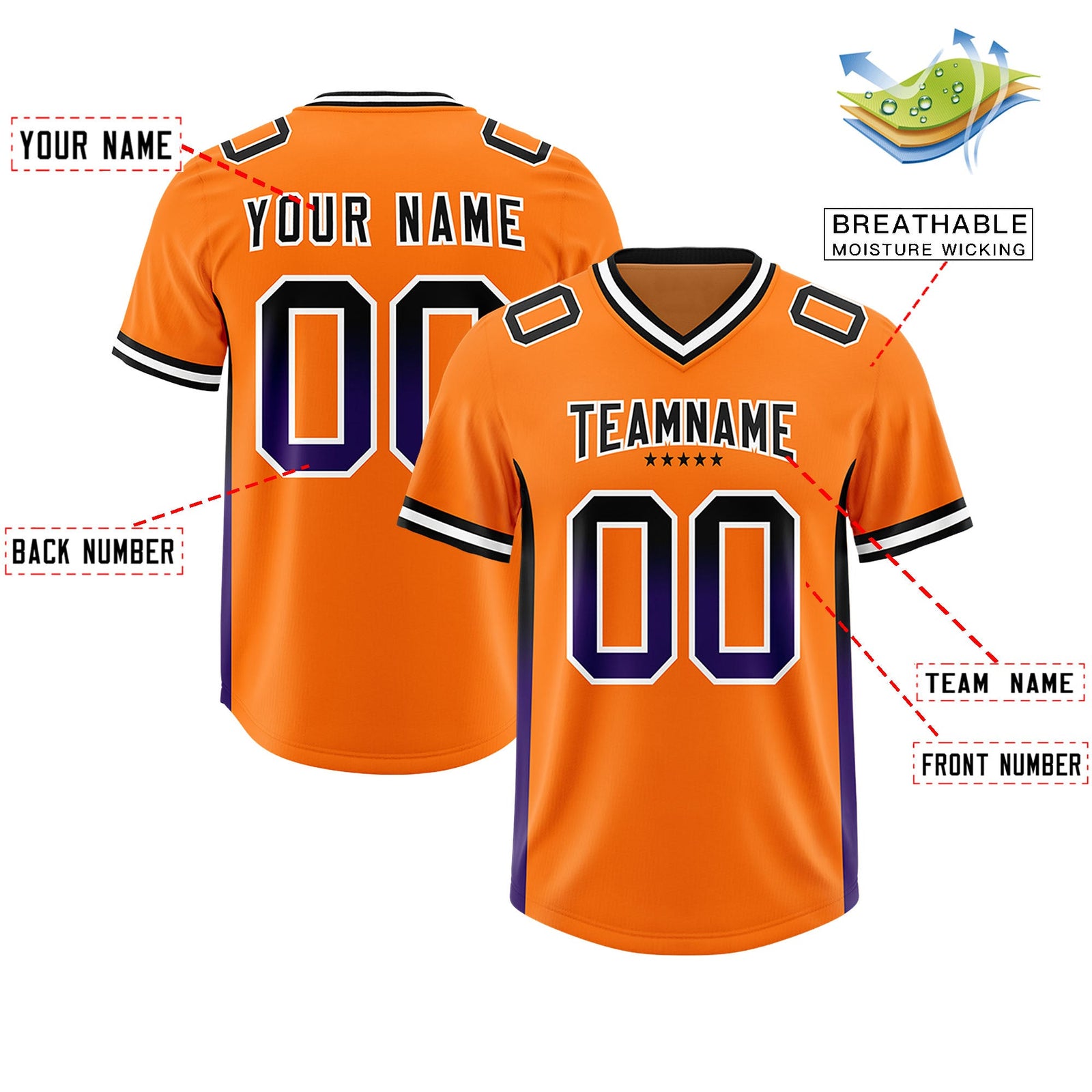 Custom Orange Black and Purple Sides Gradient Fashion Personalized Team Football Jersey