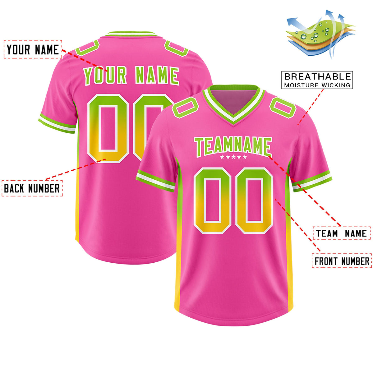Custom Pink Neon Green and Gold Sides Gradient Fashion Personalized Team Football Jersey
