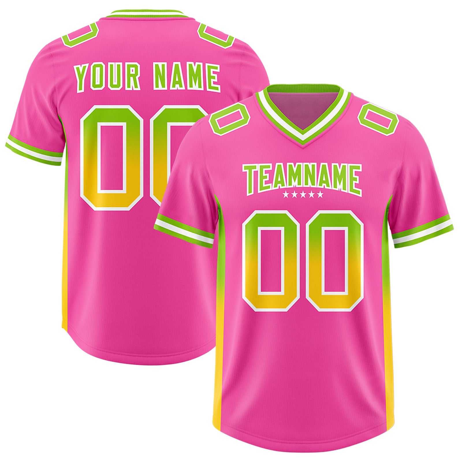 Custom Pink Neon Green and Gold Sides Gradient Fashion Personalized Team Football Jersey