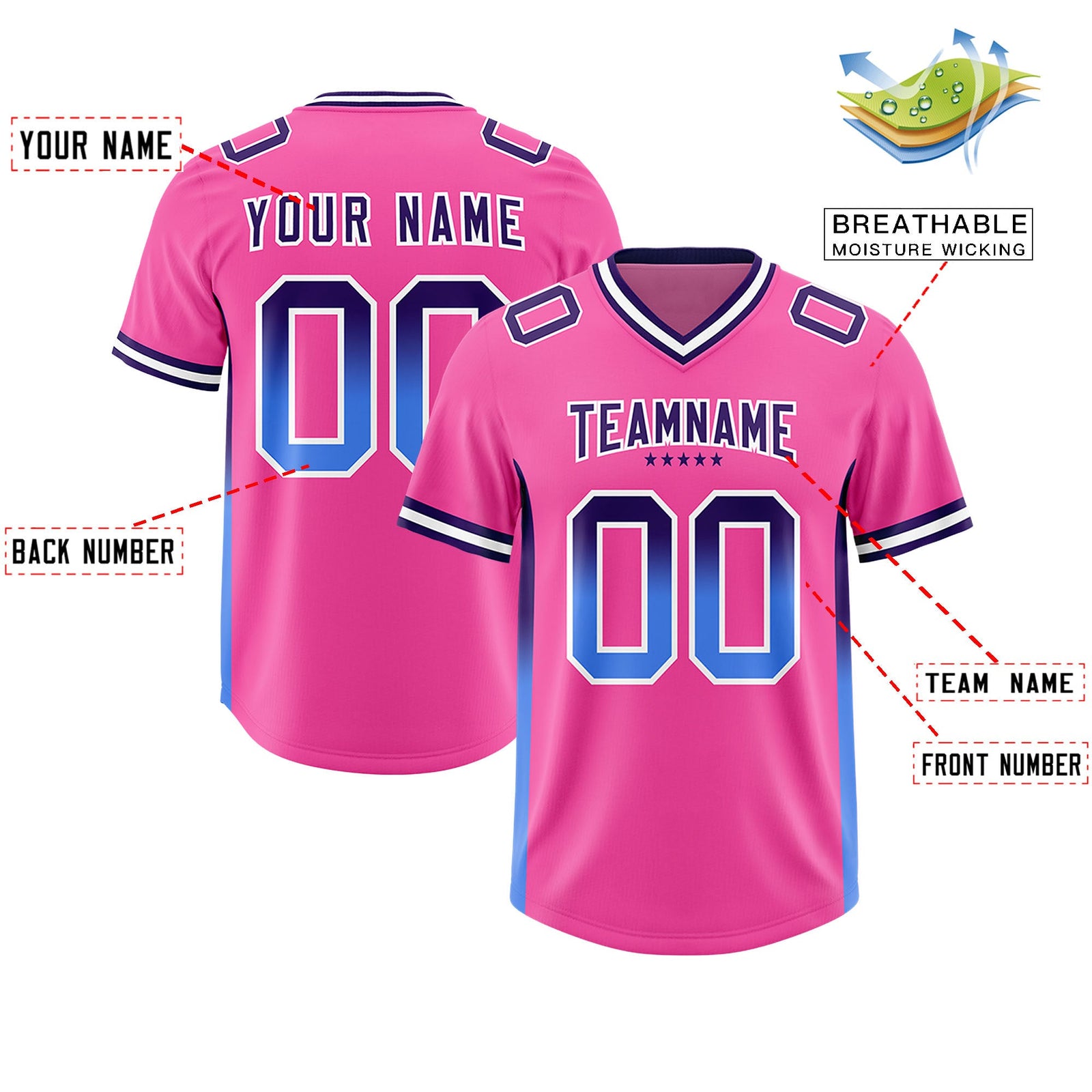 Custom Pink Purple and Powder Blue Sides Gradient Fashion Personalized Team Football Jersey