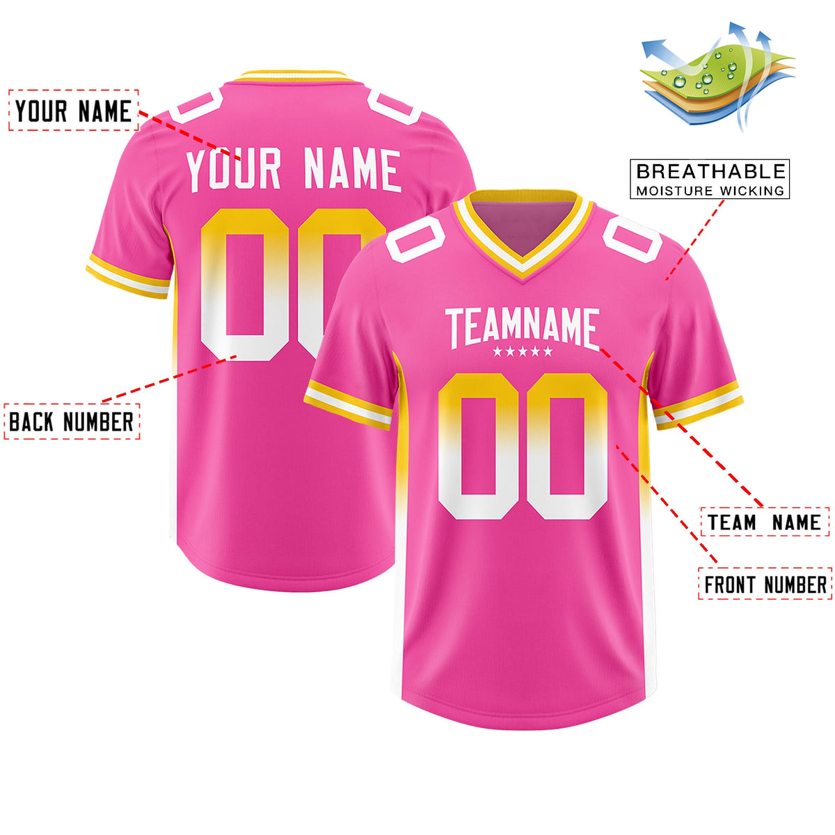 Custom Pink Gold Sides Gradient Fashion Personalized Team Football Jersey