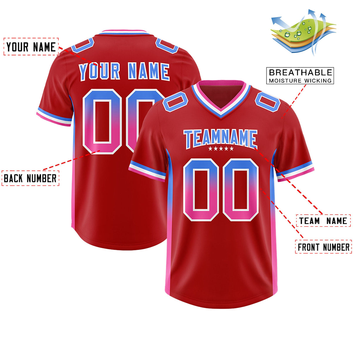 Custom Red Powder Blue and Pink Sides Gradient Fashion Personalized Team Football Jersey